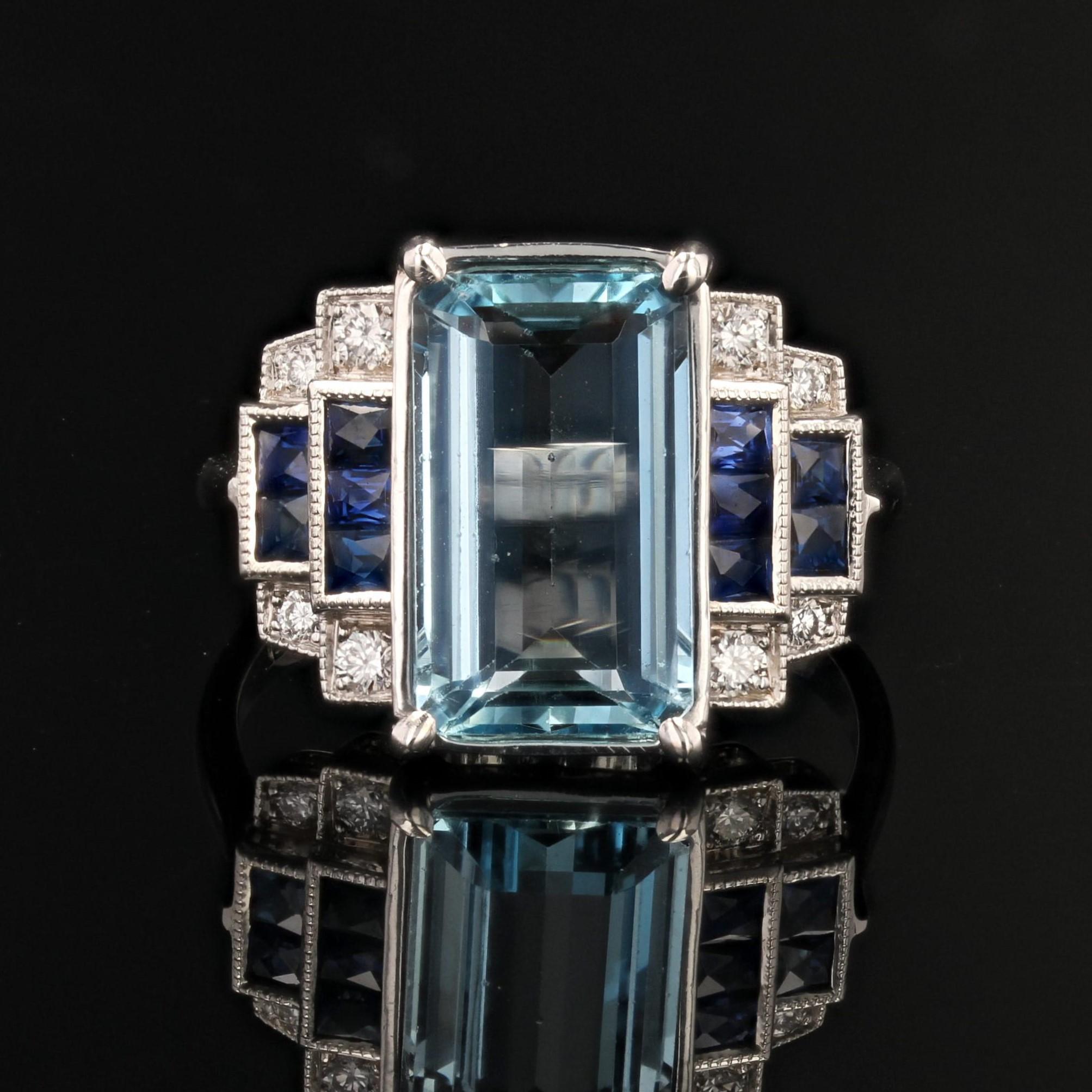 Nuovo anello a scalare in oro bianco 18 carati in stile Art Deco con zaffiri e acquamarine In condizioni Nuovo in vendita a Poitiers, FR