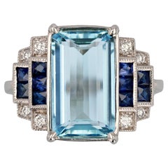 New Art Deco Style Aquamarine Sapphires Diamonds 18K White Gold Staircase Ring