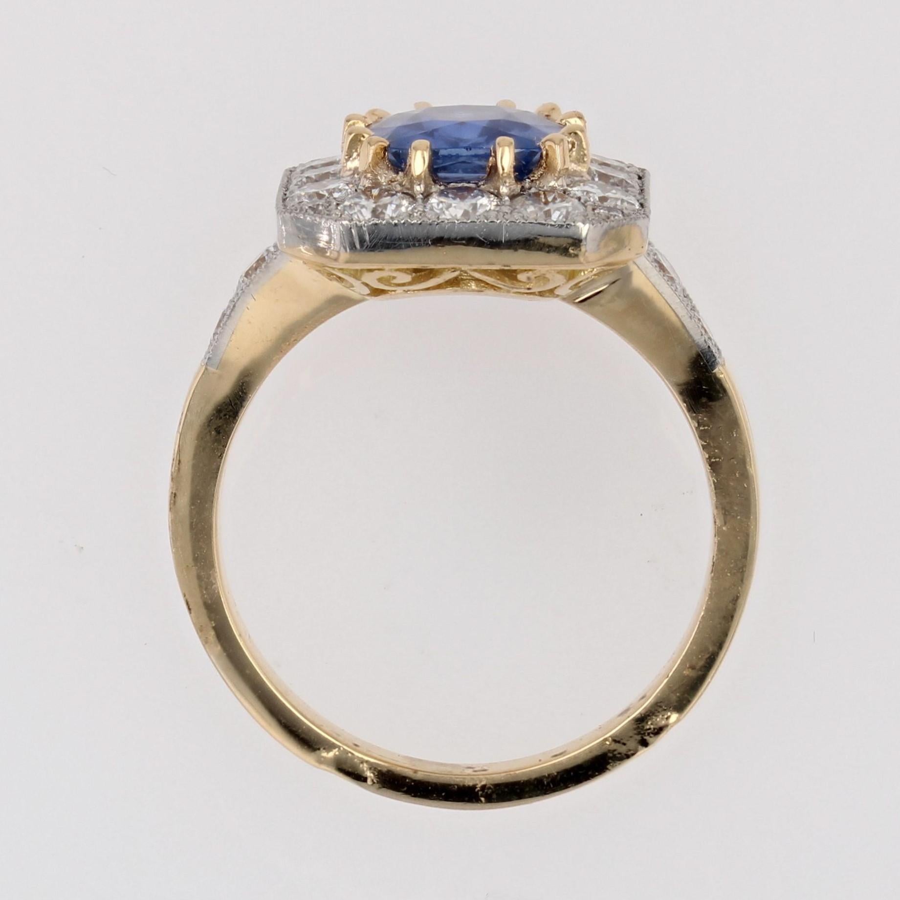 New Art Deco Style Blue Sapphire Diamonds 18 Karat Yellow Gold Platinum Ring For Sale 6