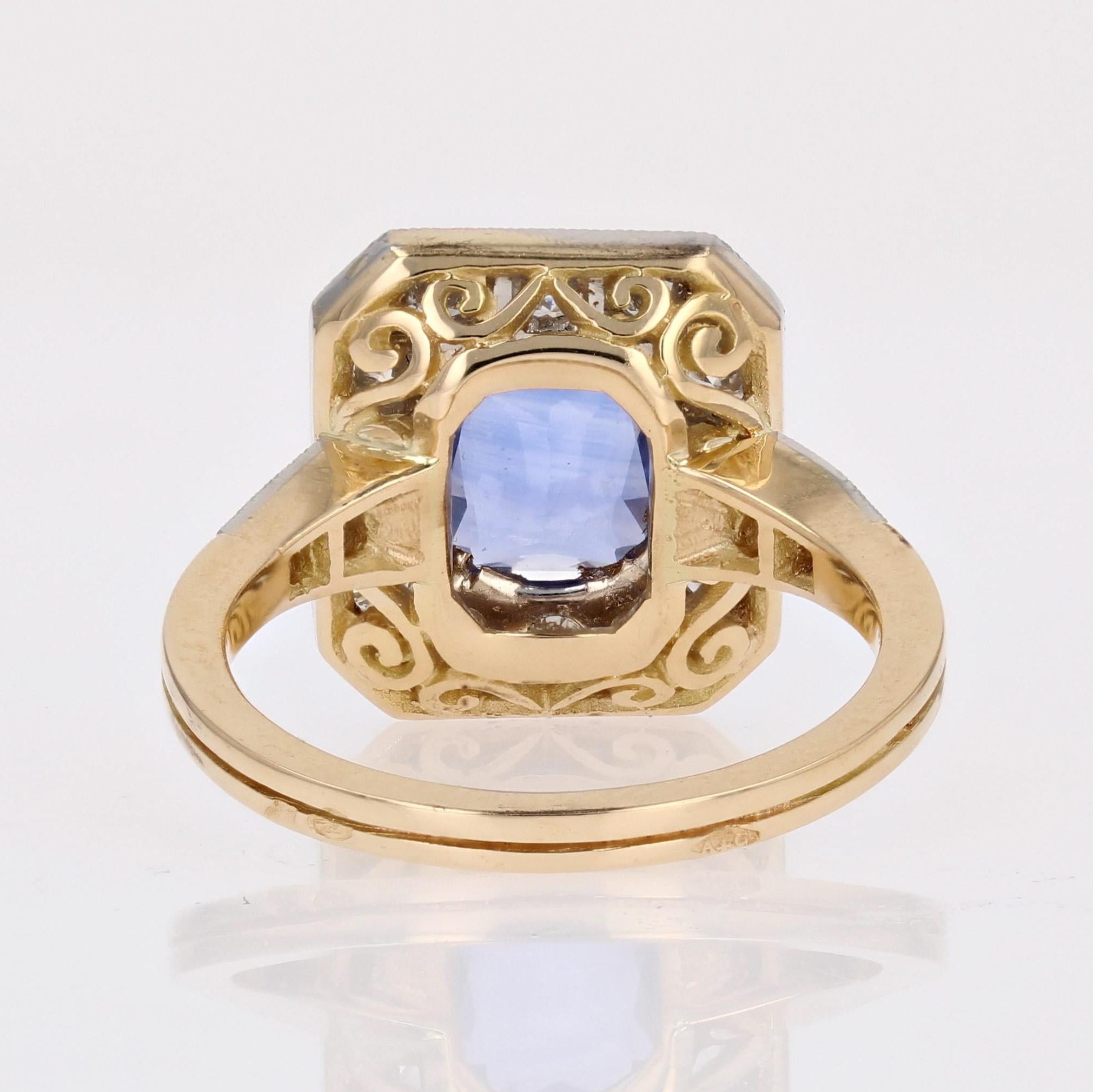 New Art Deco Style Blue Sapphire Diamonds 18 Karat Yellow Gold Platinum Ring For Sale 7