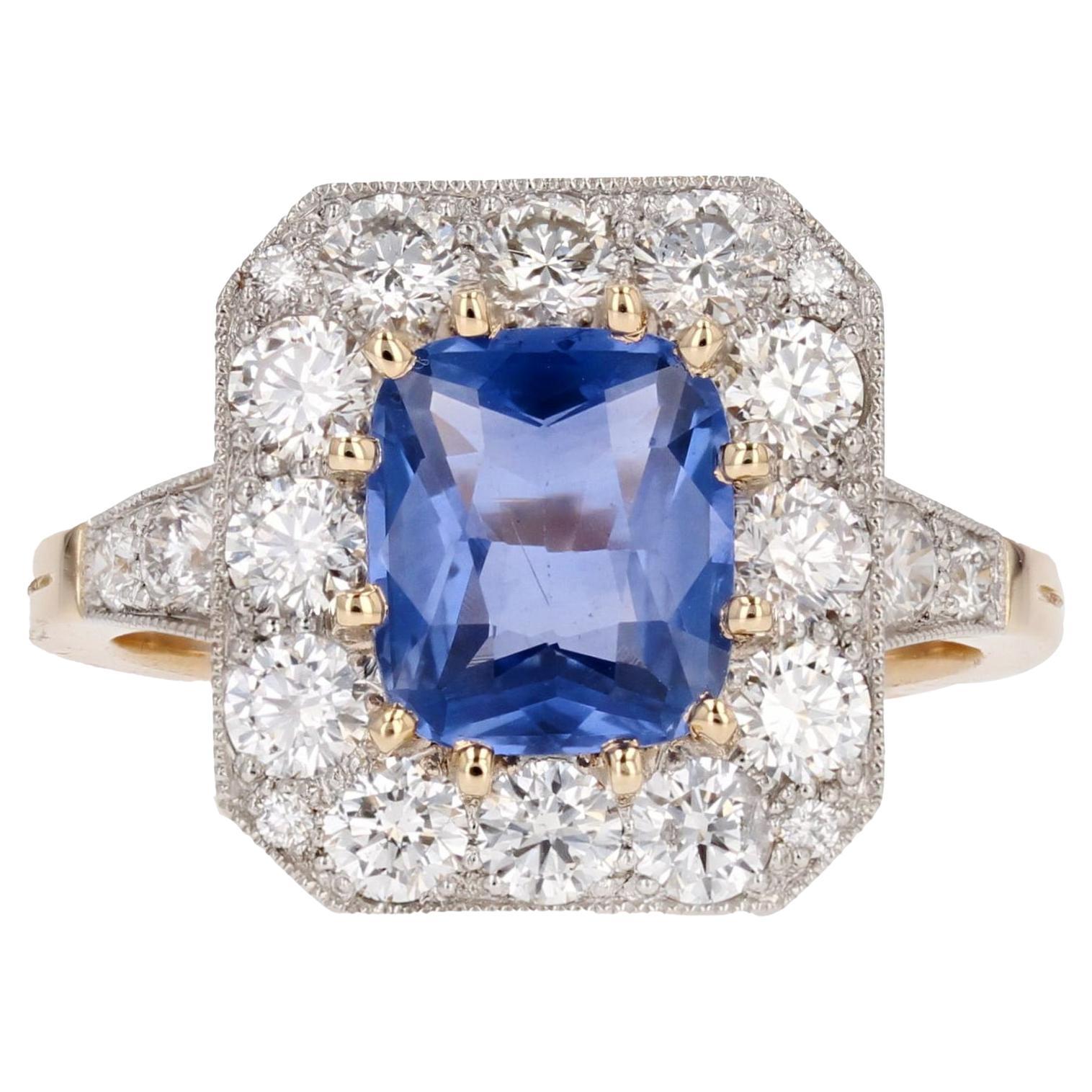 New Art Deco Style Blue Sapphire Diamonds 18 Karat Yellow Gold Platinum Ring