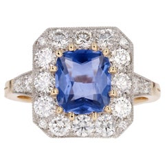 Neuer Art-Déco-Ring aus 18 Karat Gelbgold mit blauen Saphiren und Diamanten