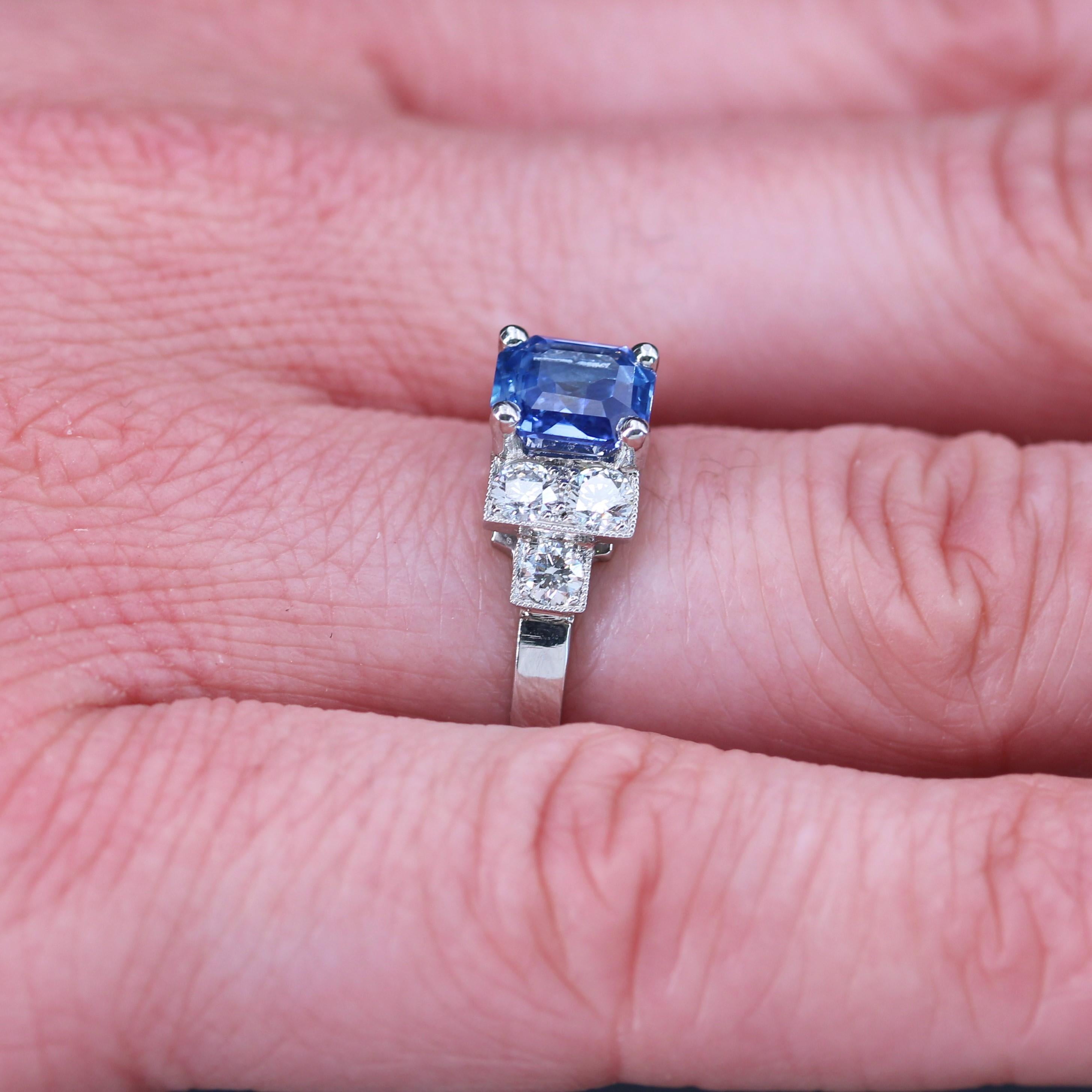 New Art Deco Style Blue Sapphire Diamonds Platinum Ring For Sale 5