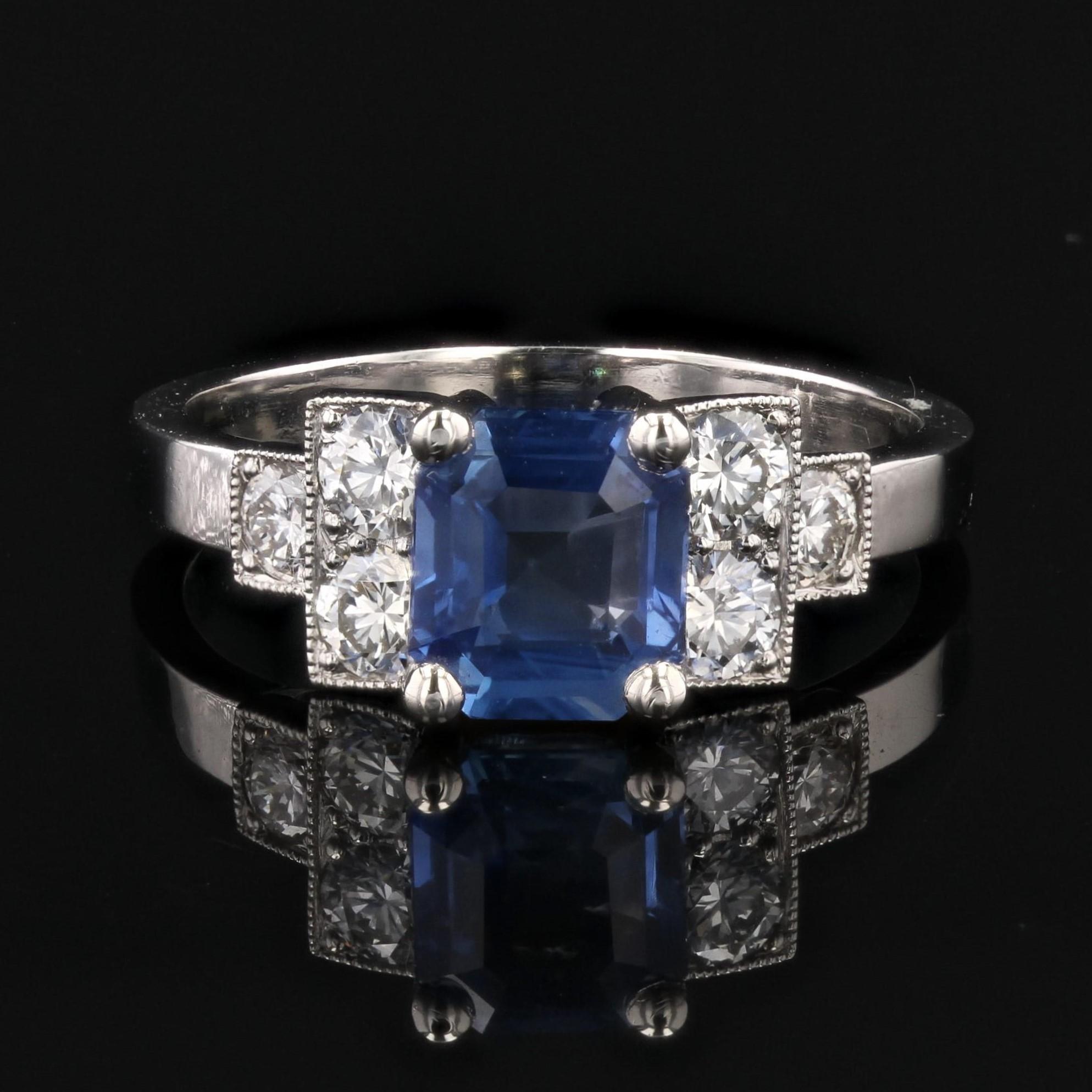 Emerald Cut New Art Deco Style Blue Sapphire Diamonds Platinum Ring For Sale