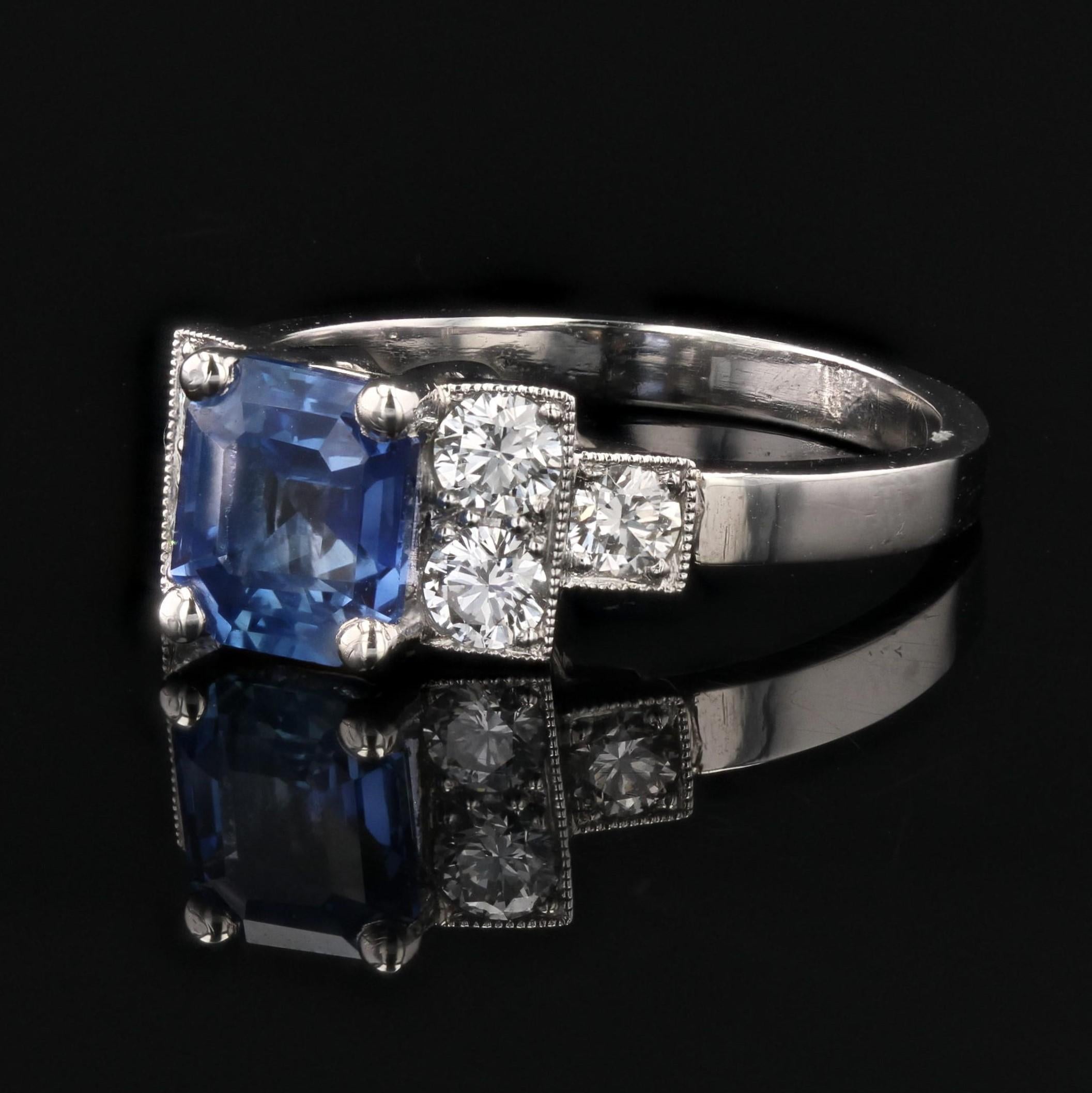 Women's New Art Deco Style Blue Sapphire Diamonds Platinum Ring For Sale