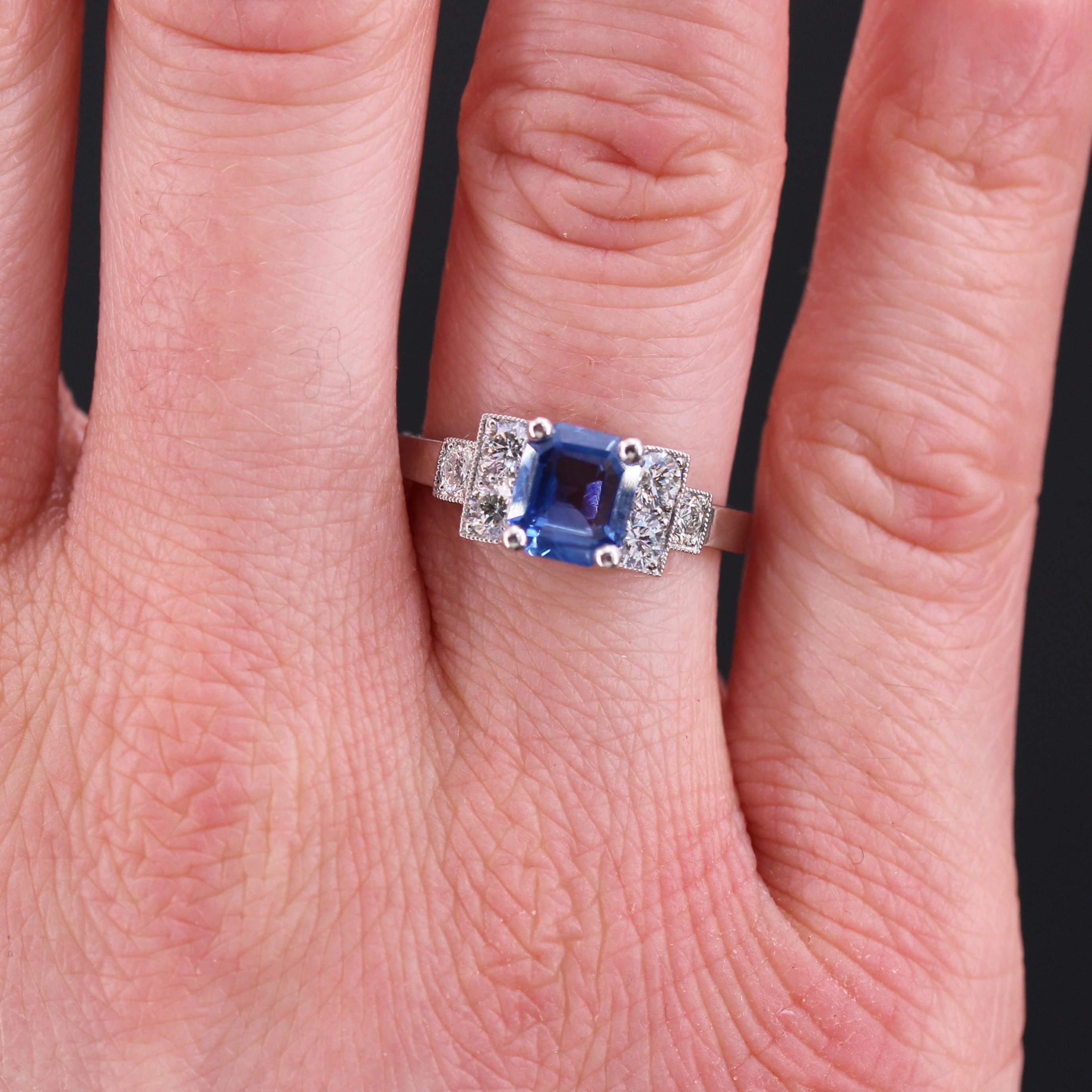 New Art Deco Style Blue Sapphire Diamonds Platinum Ring For Sale 1