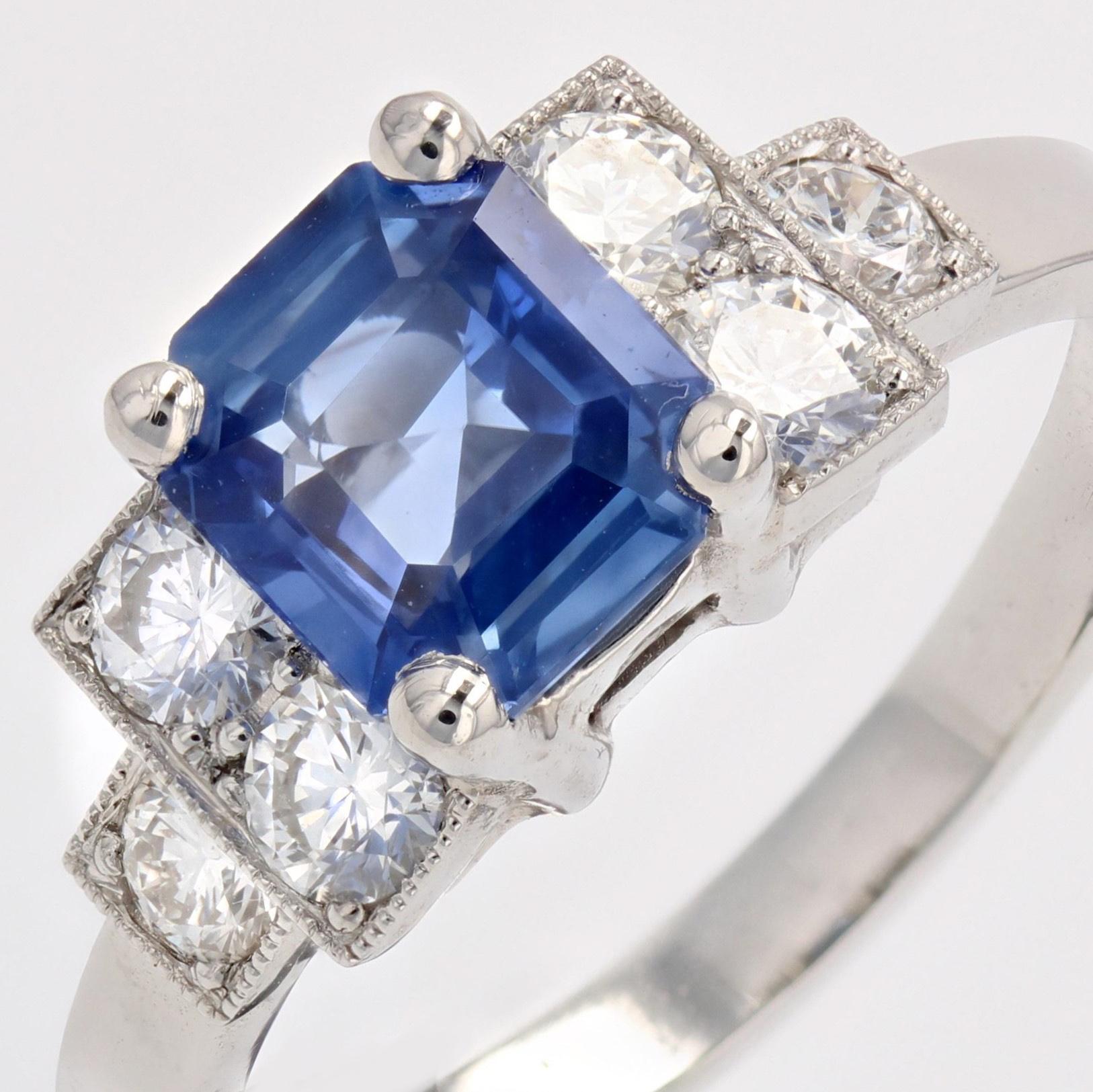 New Art Deco Style Blue Sapphire Diamonds Platinum Ring For Sale 3