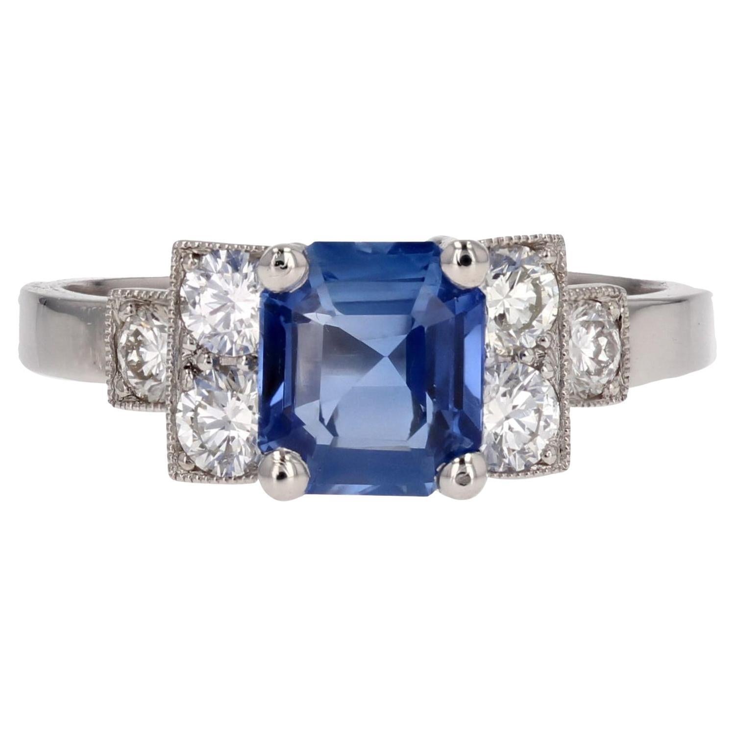 New Art Deco Style Blue Sapphire Diamonds Platinum Ring For Sale