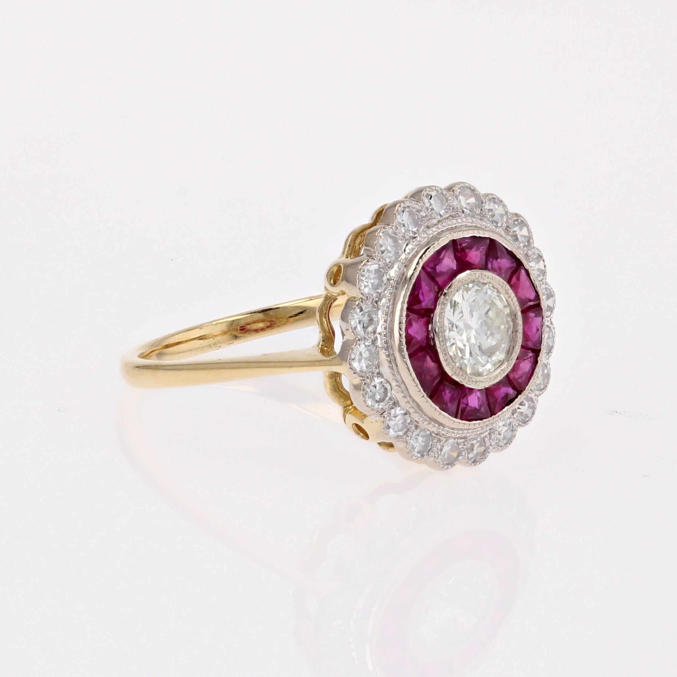 New Art Deco Style Calibrated Rubies Diamonds 18 K White Yellow Gold Round Ring For Sale 6