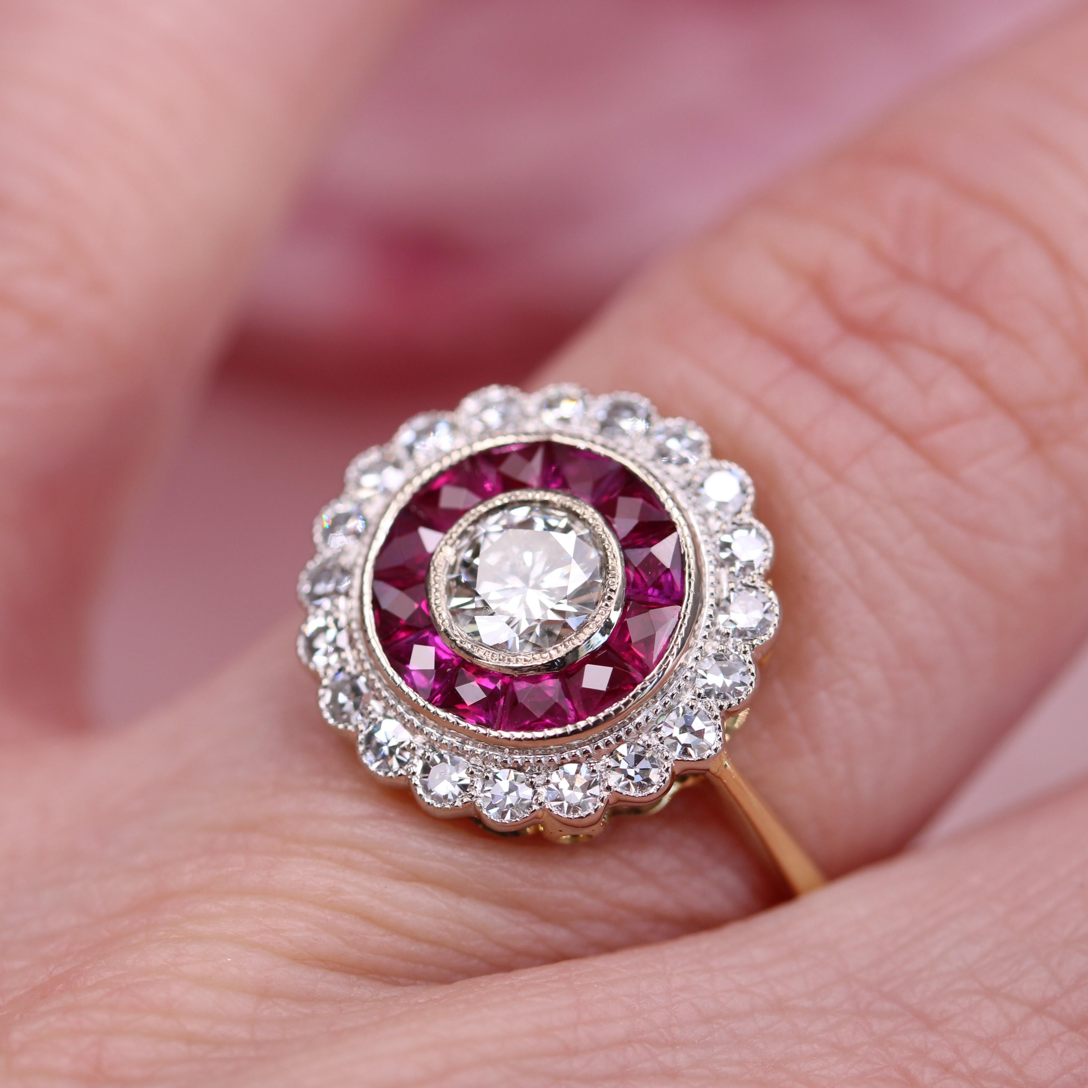New Art Deco Style Calibrated Rubies Diamonds 18 K White Yellow Gold Round Ring For Sale 9