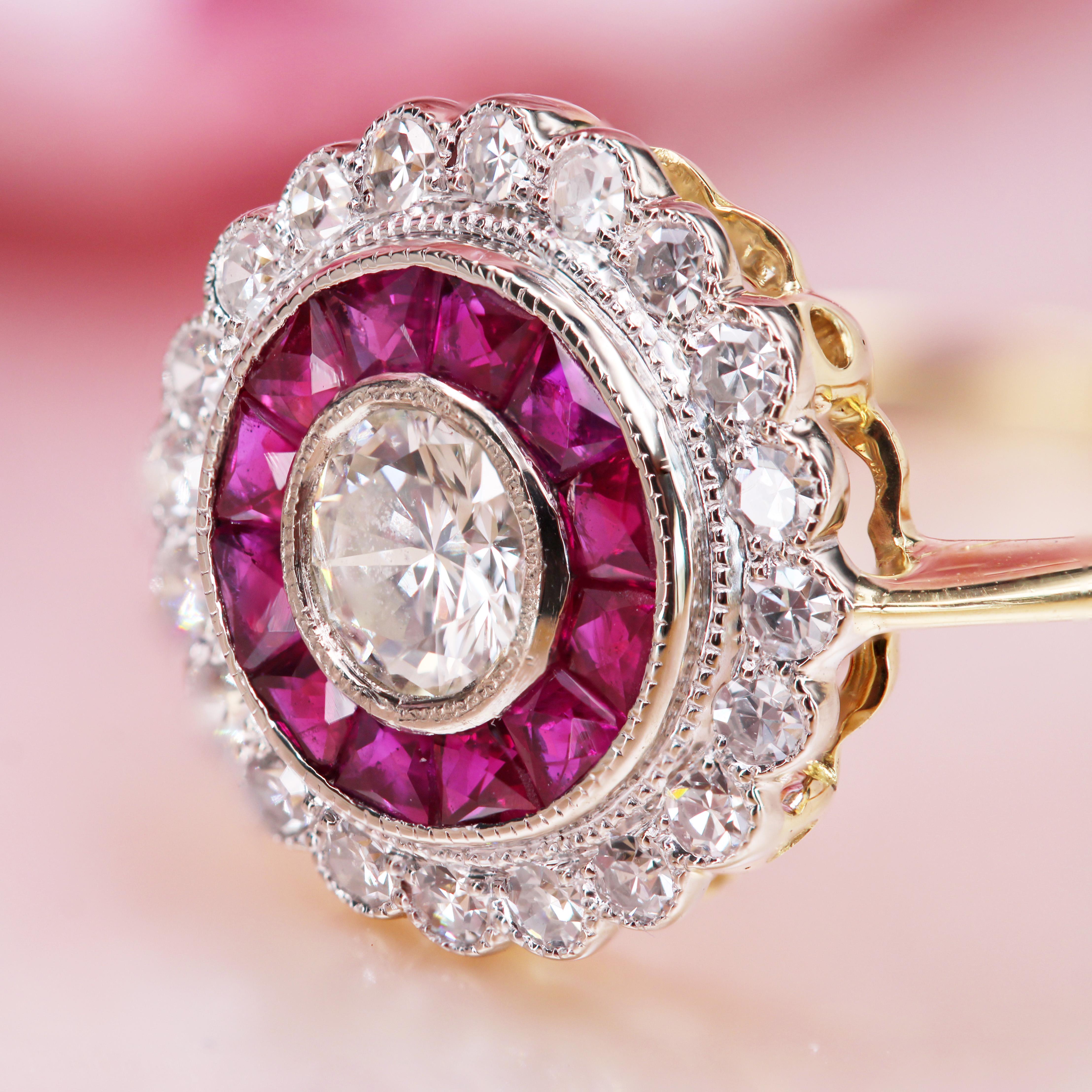 New Art Deco Style Calibrated Rubies Diamonds 18 K White Yellow Gold Round Ring For Sale 10
