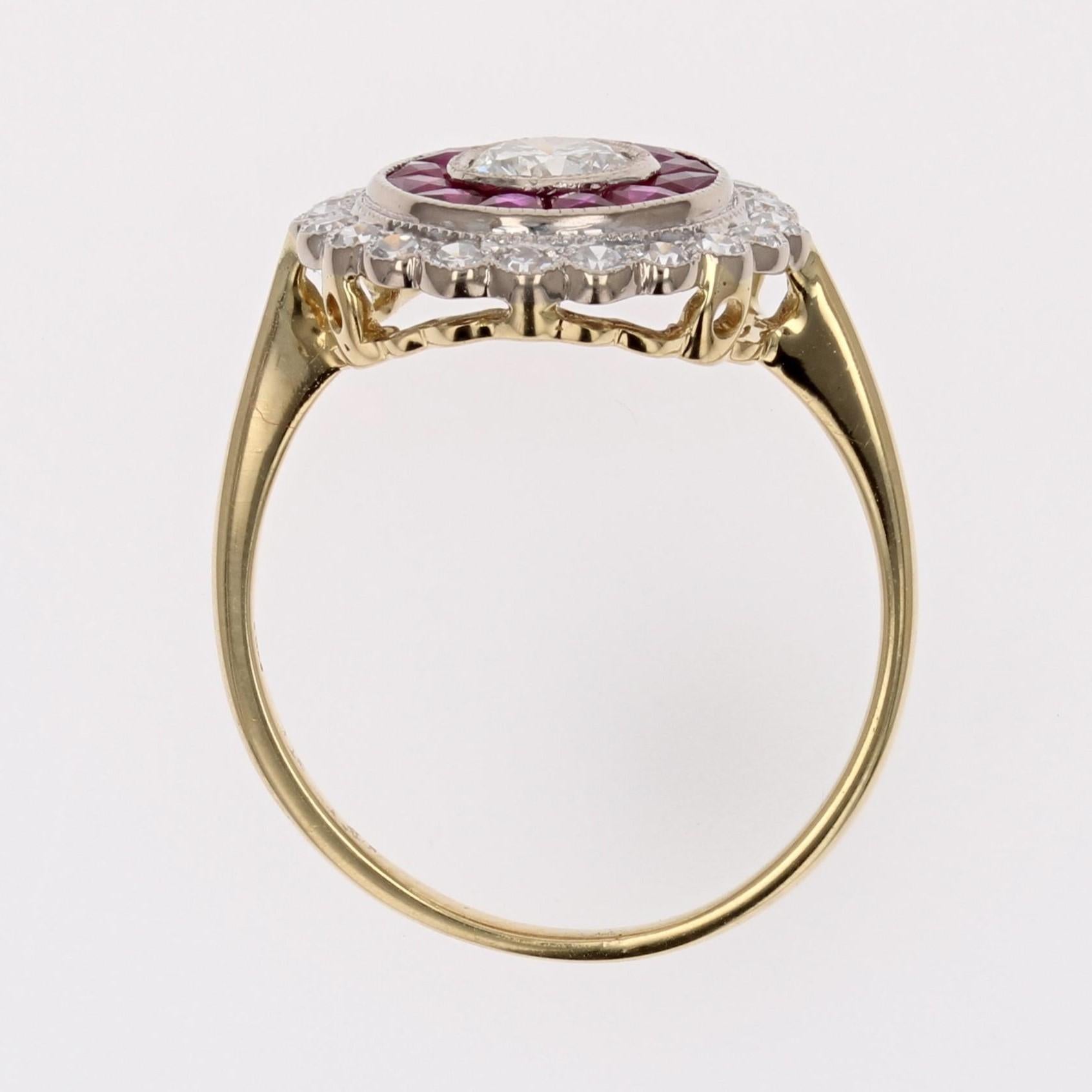 New Art Deco Style Calibrated Rubies Diamonds 18 K White Yellow Gold Round Ring For Sale 11