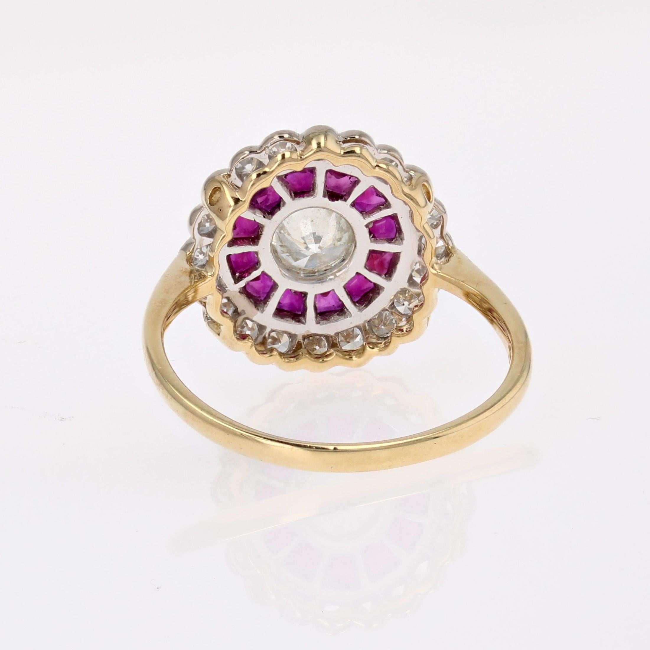 New Art Deco Style Calibrated Rubies Diamonds 18 K White Yellow Gold Round Ring For Sale 12