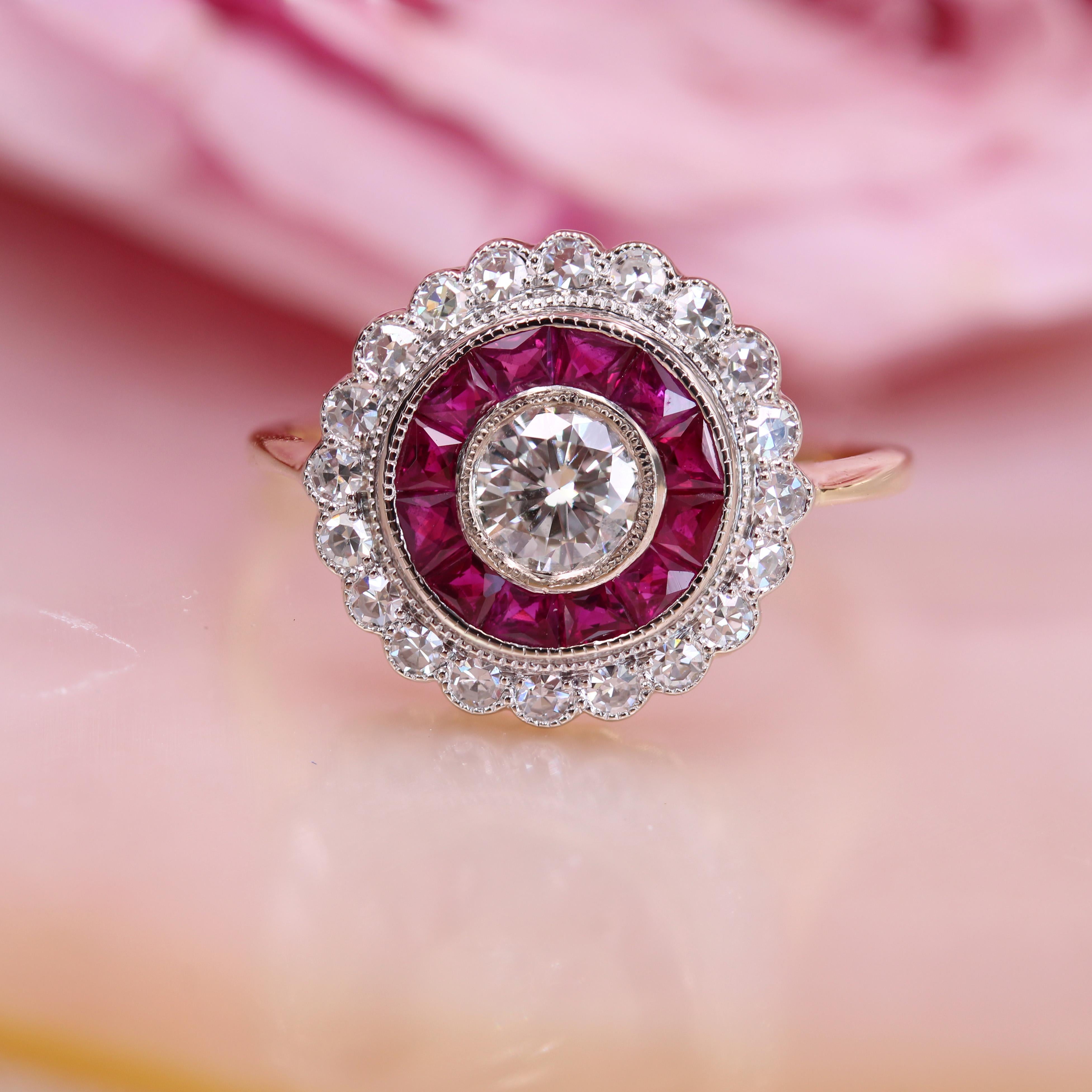 Brilliant Cut New Art Deco Style Calibrated Rubies Diamonds 18 K White Yellow Gold Round Ring For Sale