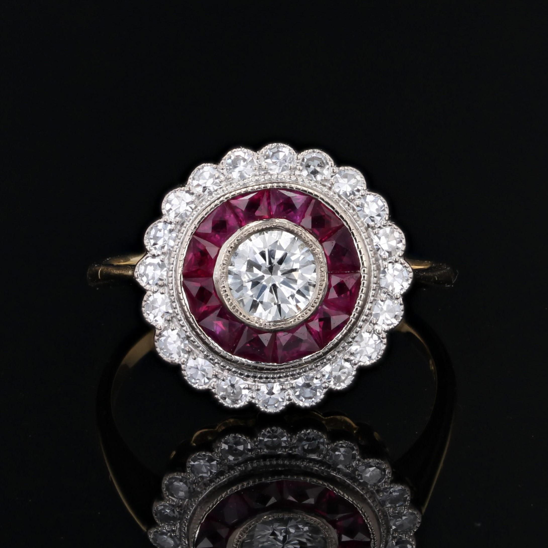 Women's New Art Deco Style Calibrated Rubies Diamonds 18 K White Yellow Gold Round Ring For Sale
