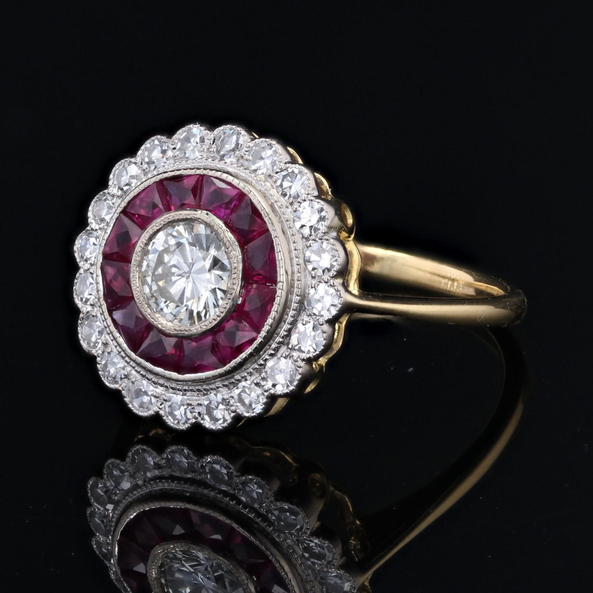 New Art Deco Style Calibrated Rubies Diamonds 18 K White Yellow Gold Round Ring For Sale 2