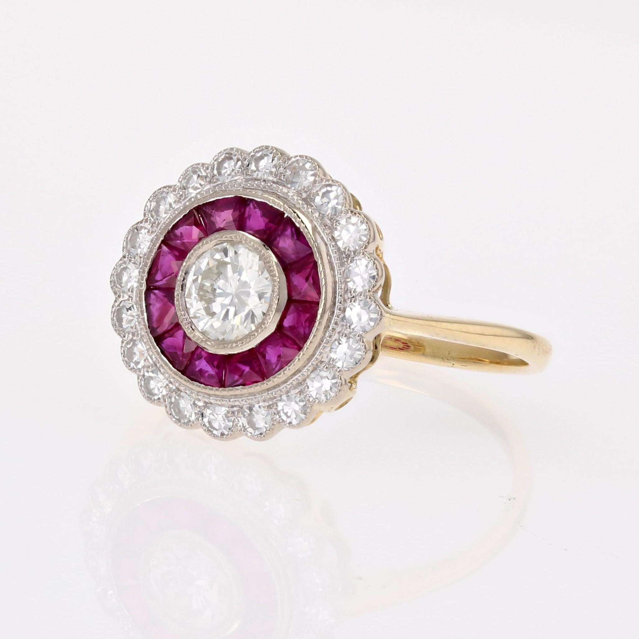 New Art Deco Style Calibrated Rubies Diamonds 18 K White Yellow Gold Round Ring For Sale 3