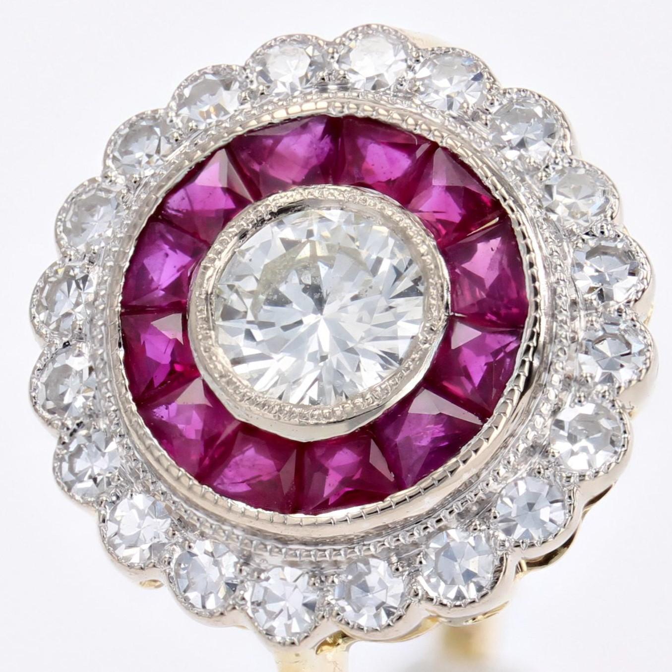 New Art Deco Style Calibrated Rubies Diamonds 18 K White Yellow Gold Round Ring For Sale 4