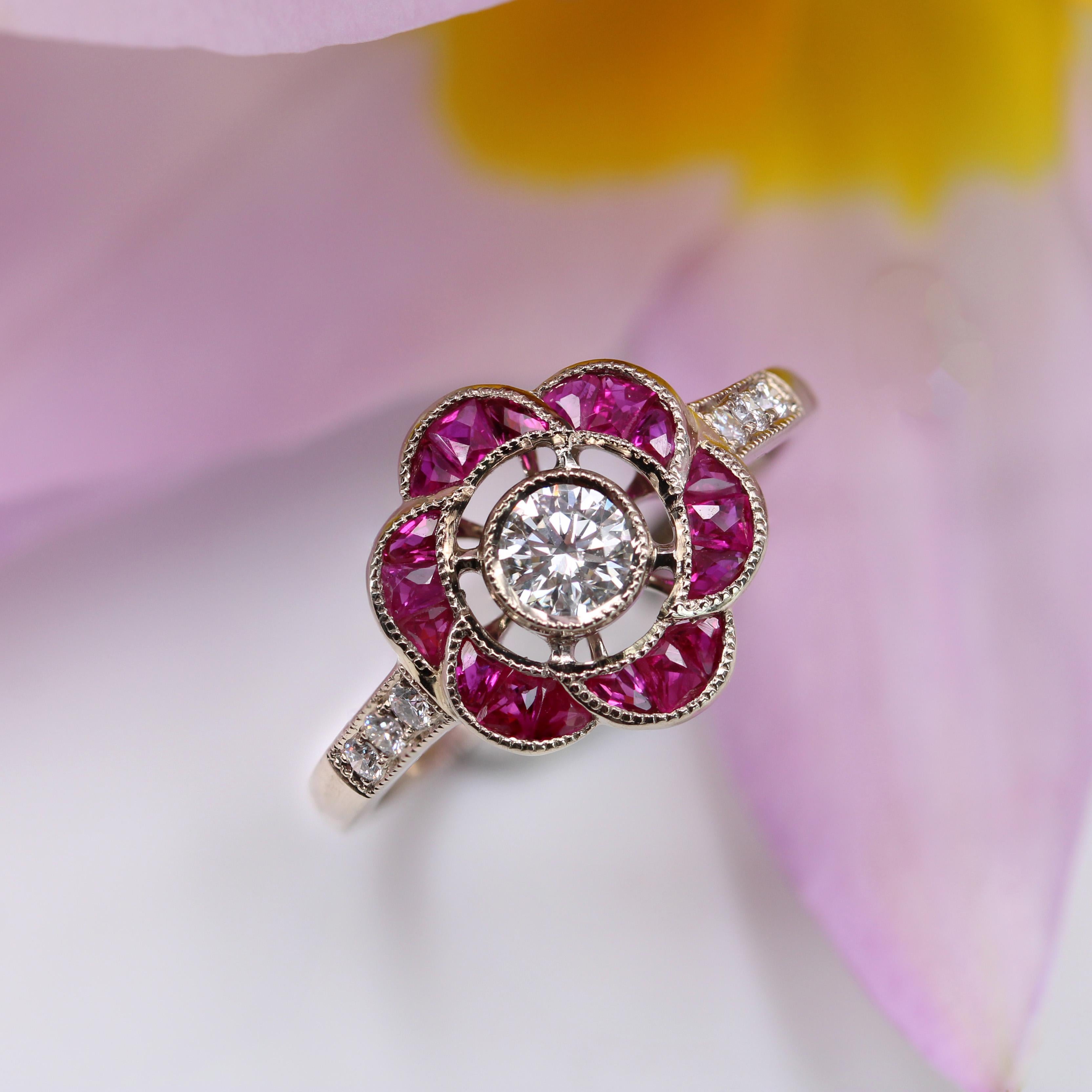 New Art Deco Style Calibrated Rubies Diamonds 18 Karat White Gold Flower Ring For Sale 5