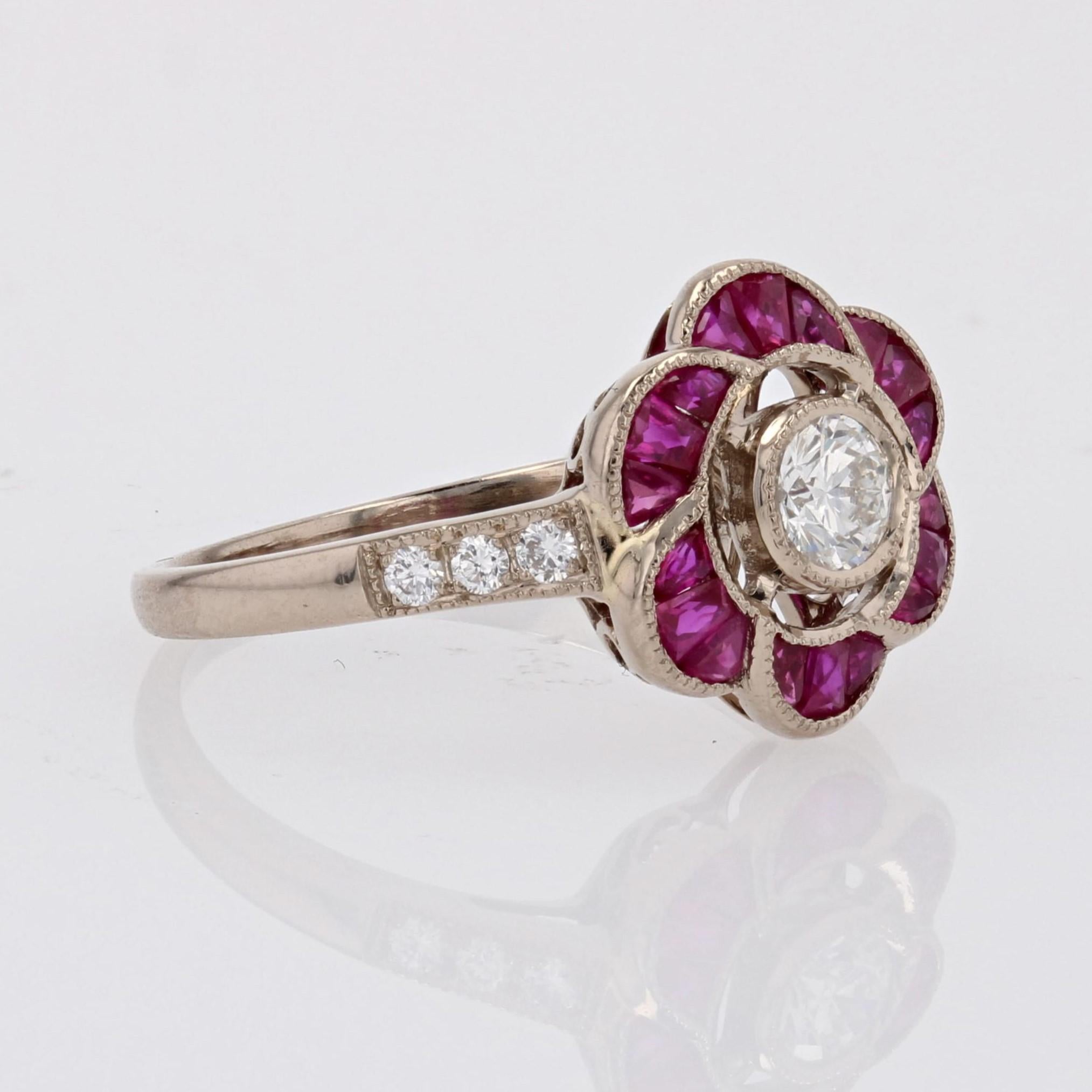 New Art Deco Style Calibrated Rubies Diamonds 18 Karat White Gold Flower Ring For Sale 6