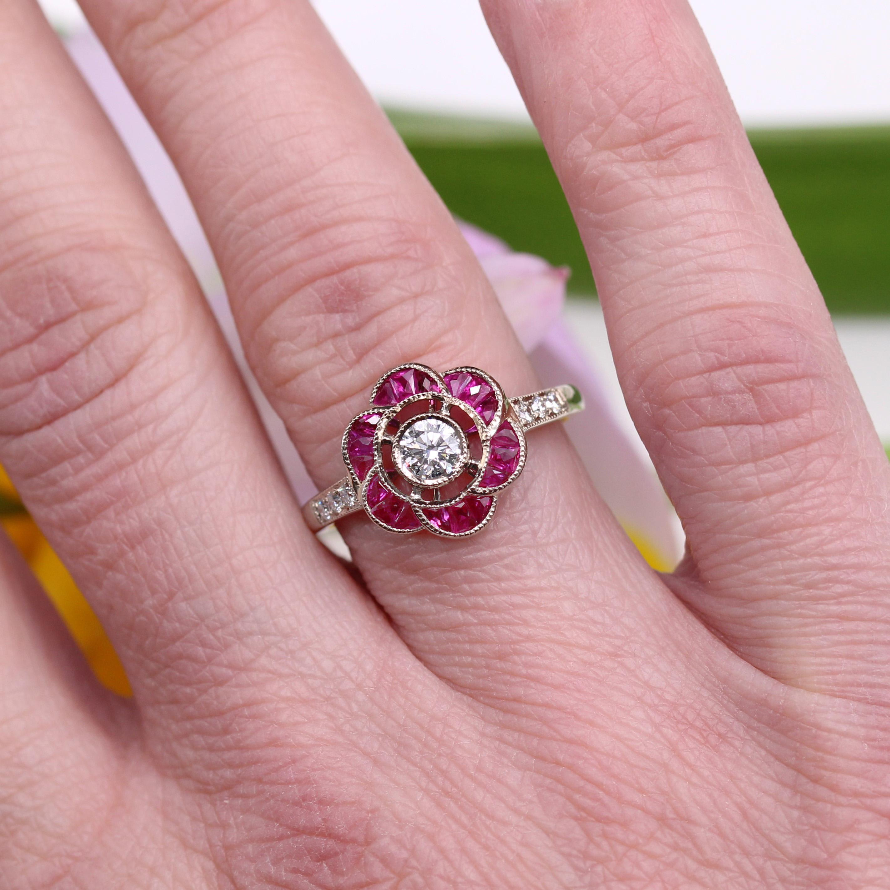New Art Deco Style Calibrated Rubies Diamonds 18 Karat White Gold Flower Ring For Sale 7