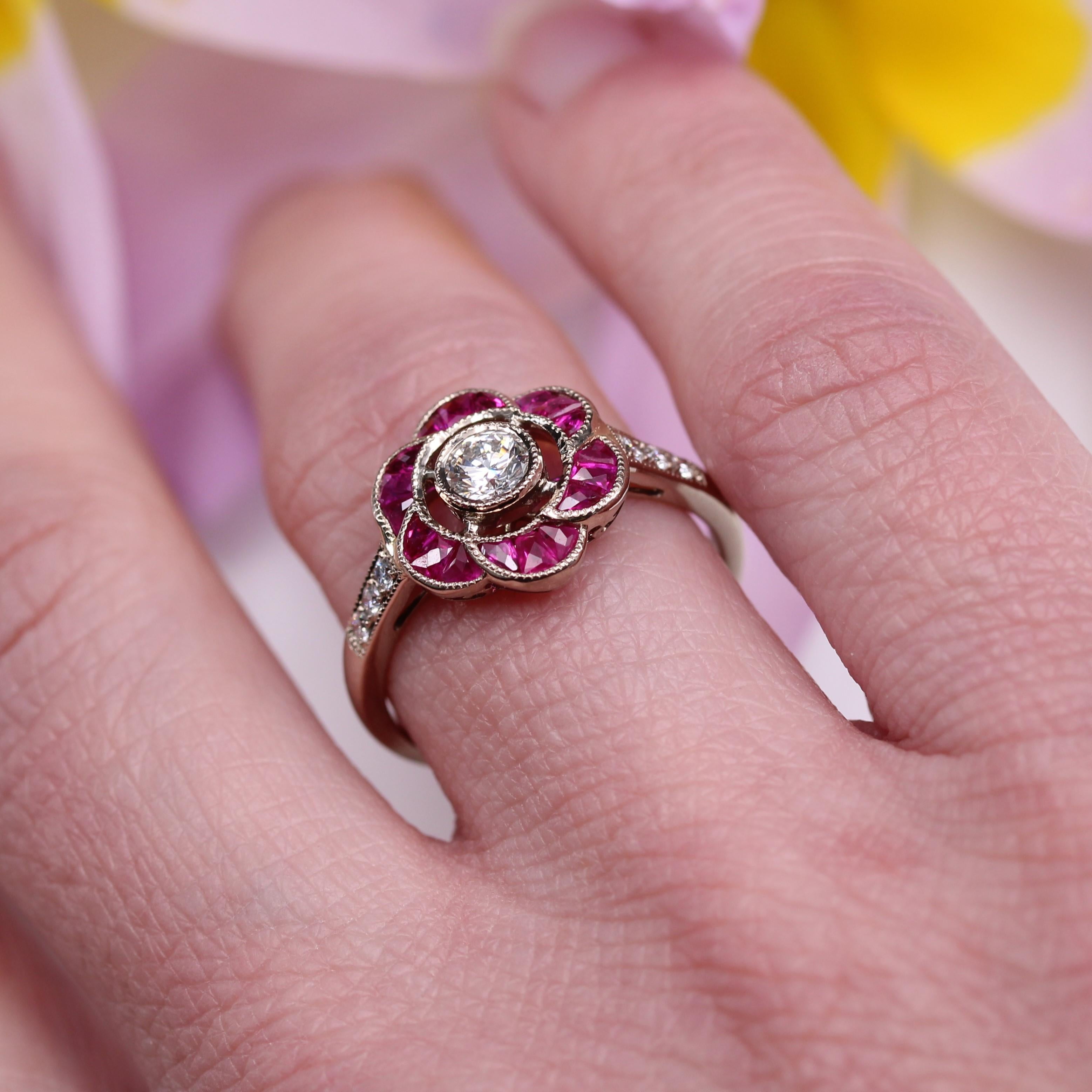 New Art Deco Style Calibrated Rubies Diamonds 18 Karat White Gold Flower Ring For Sale 9