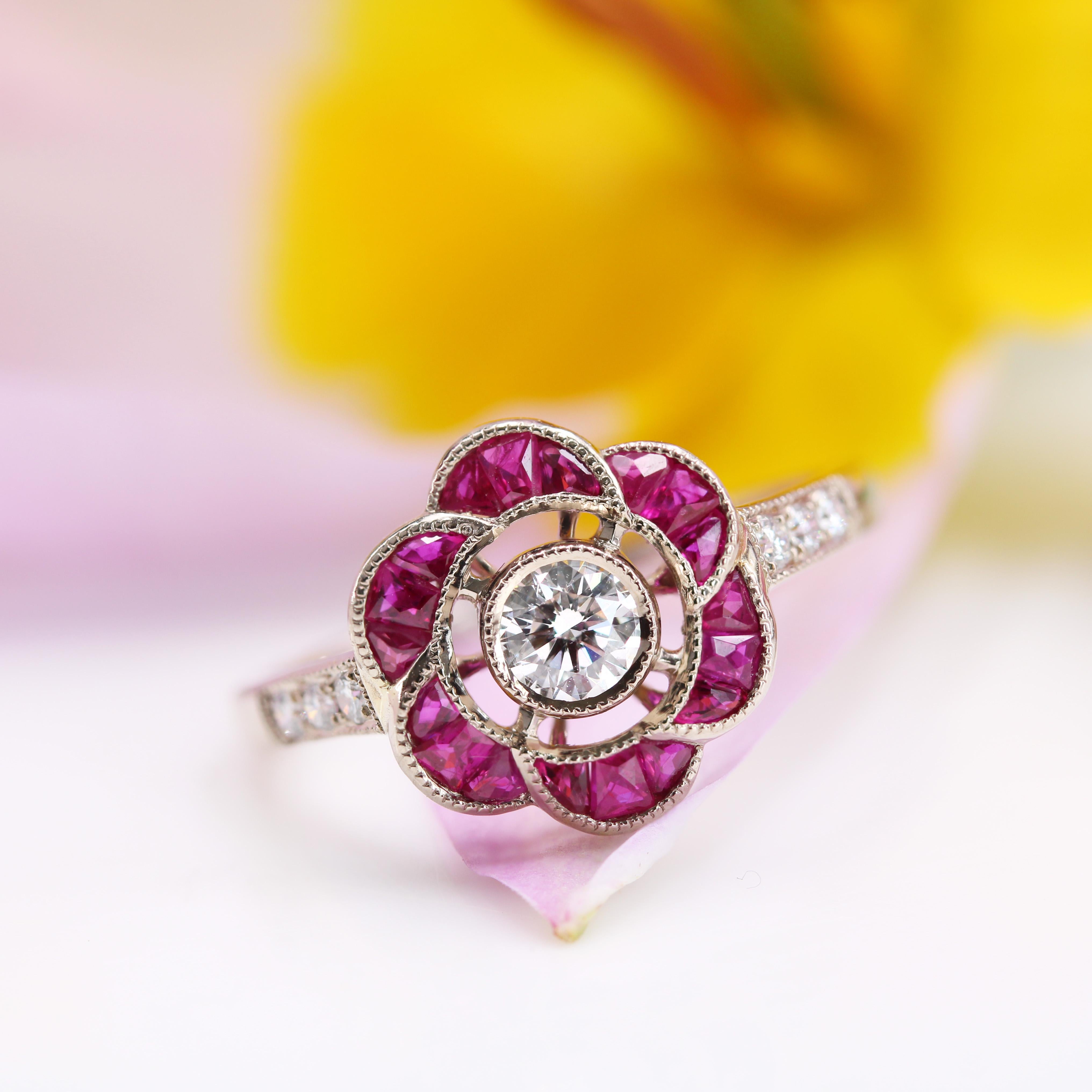 New Art Deco Style Calibrated Rubies Diamonds 18 Karat White Gold Flower Ring For Sale 10