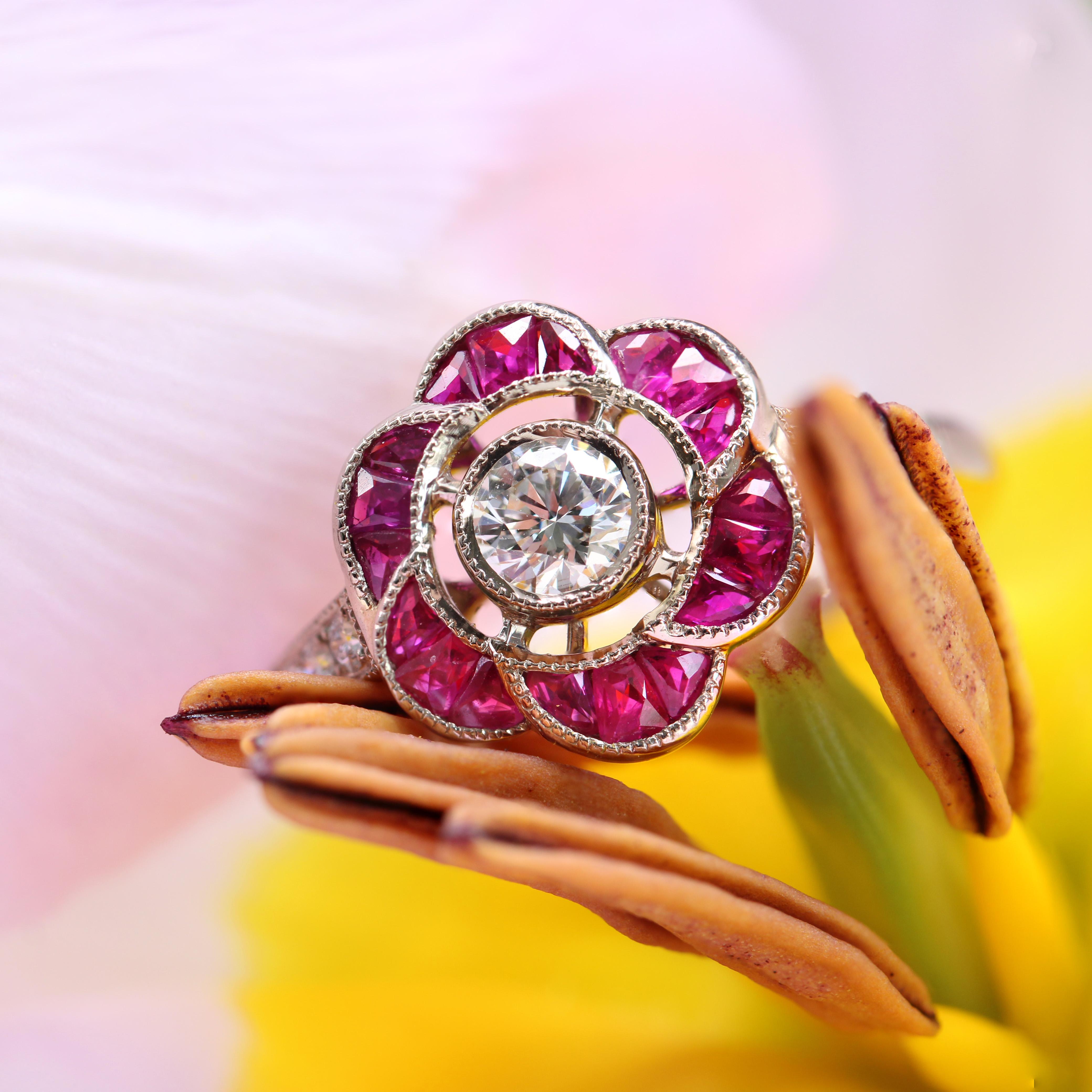 Brilliant Cut New Art Deco Style Calibrated Rubies Diamonds 18 Karat White Gold Flower Ring For Sale