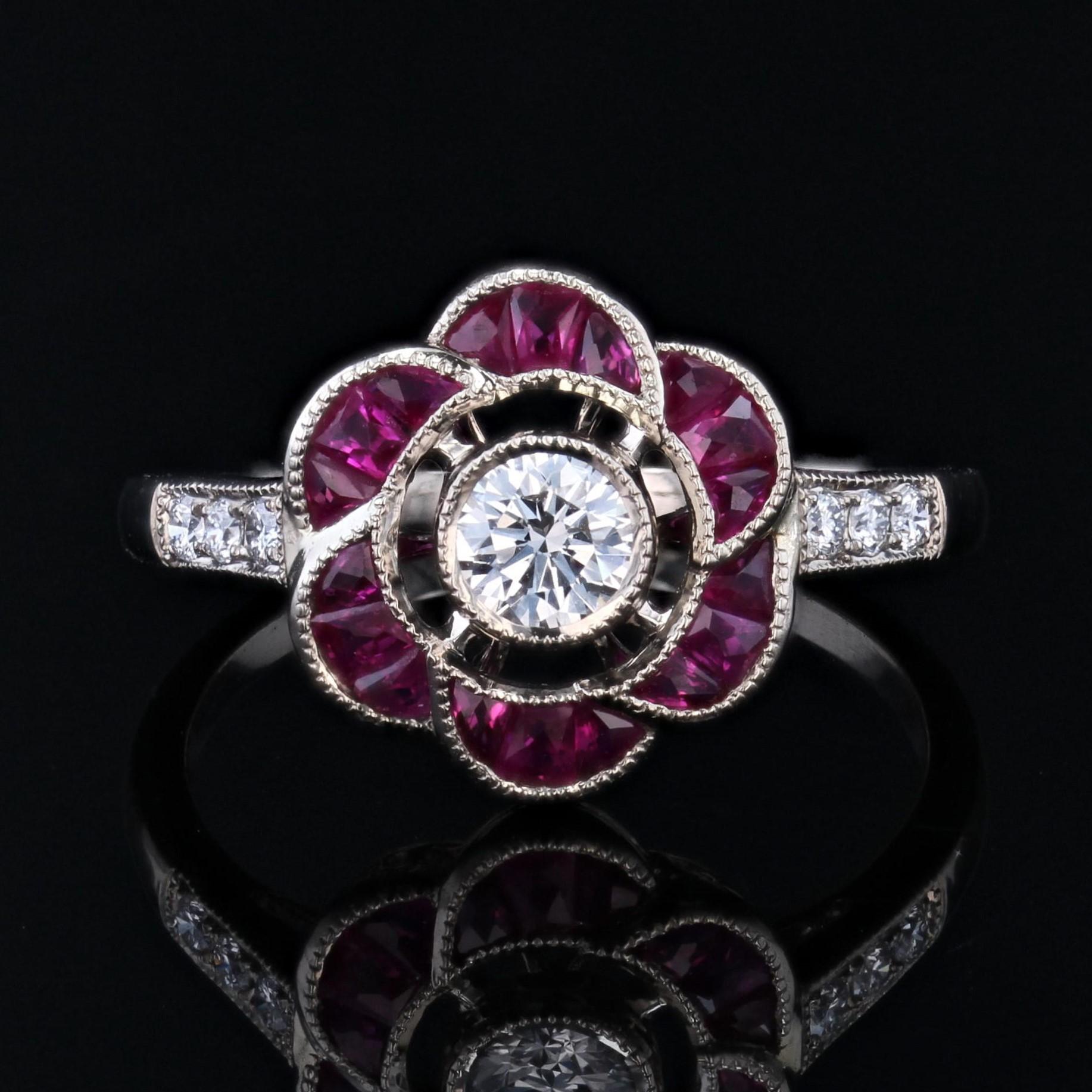 Women's New Art Deco Style Calibrated Rubies Diamonds 18 Karat White Gold Flower Ring For Sale