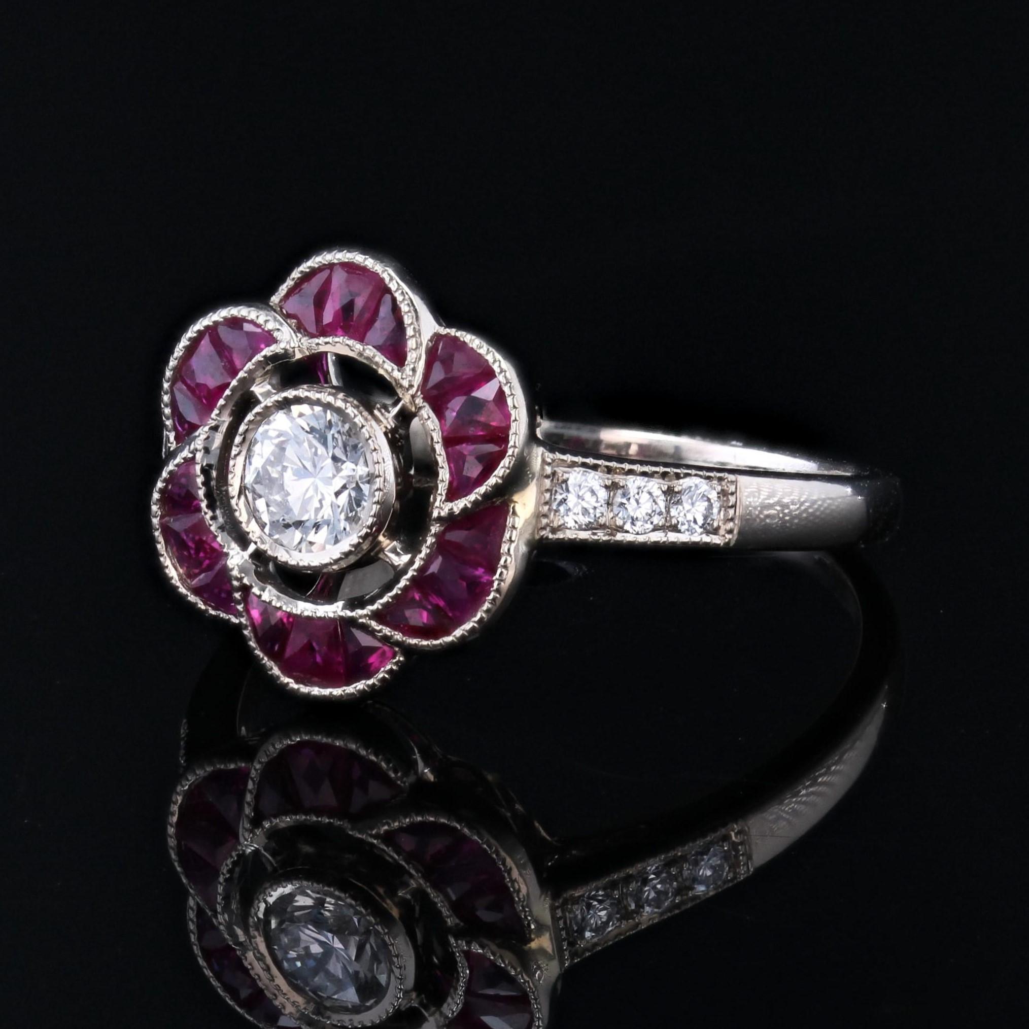 New Art Deco Style Calibrated Rubies Diamonds 18 Karat White Gold Flower Ring For Sale 2