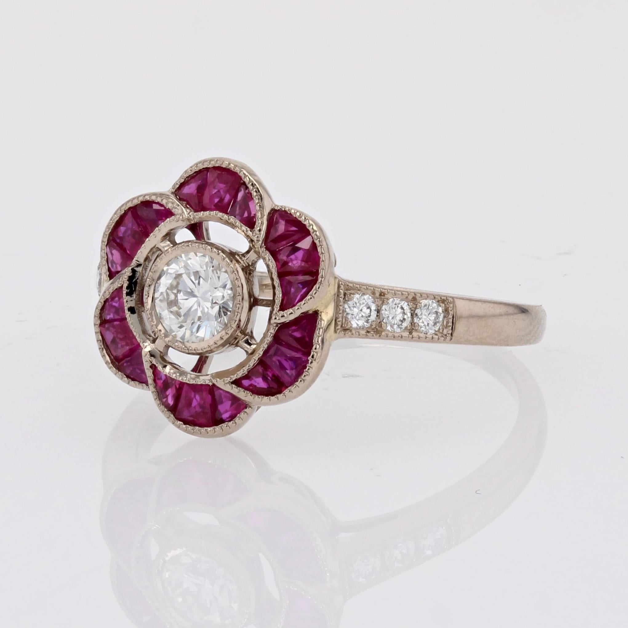 New Art Deco Style Calibrated Rubies Diamonds 18 Karat White Gold Flower Ring For Sale 3