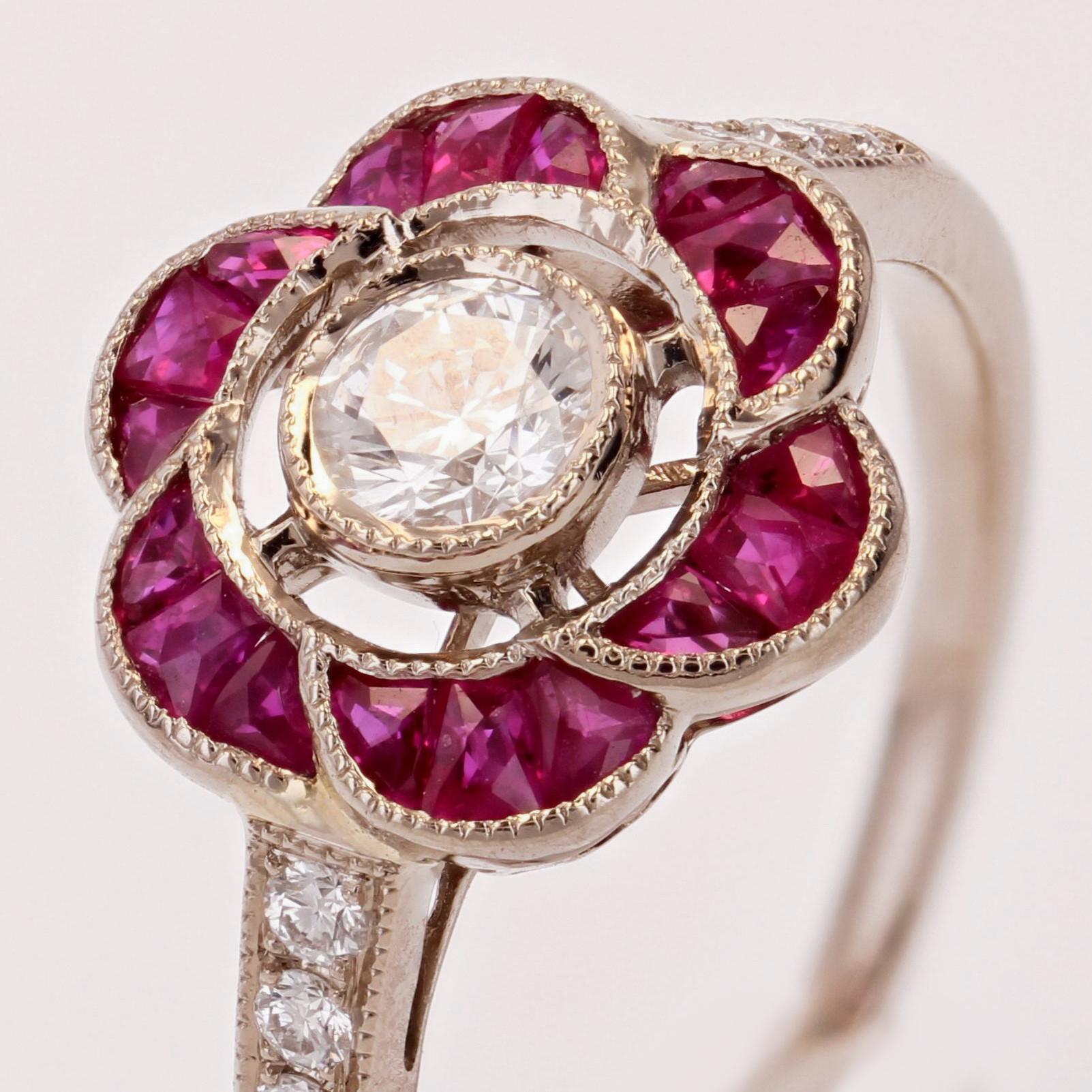 New Art Deco Style Calibrated Rubies Diamonds 18 Karat White Gold Flower Ring For Sale 4