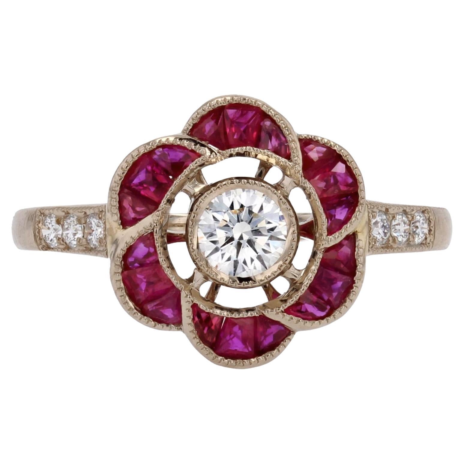 New Art Deco Style Calibrated Rubies Diamonds 18 Karat White Gold Flower Ring For Sale