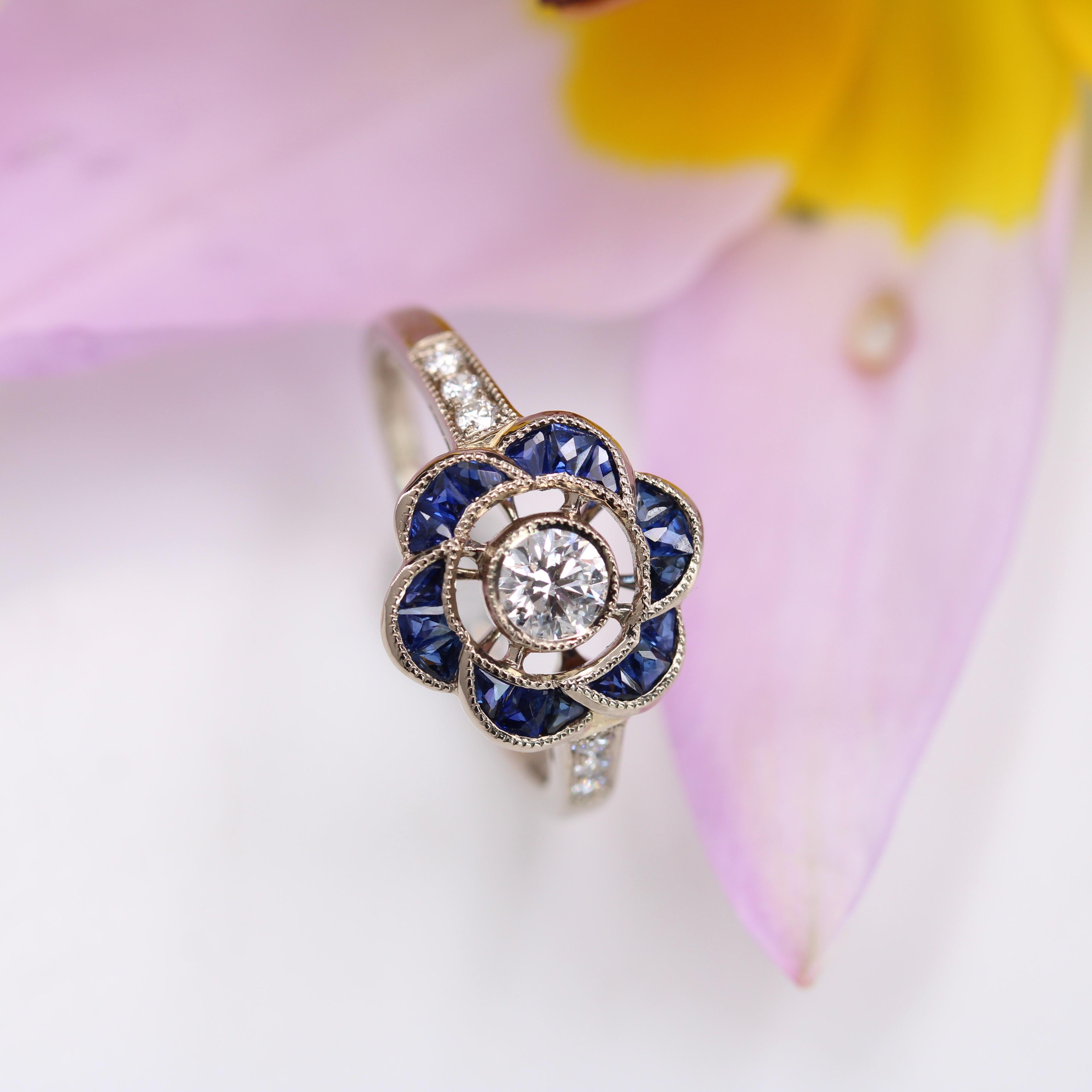 New Art Deco Style Calibrated Sapphires Diamonds 18 K White Gold Flower Ring For Sale 5