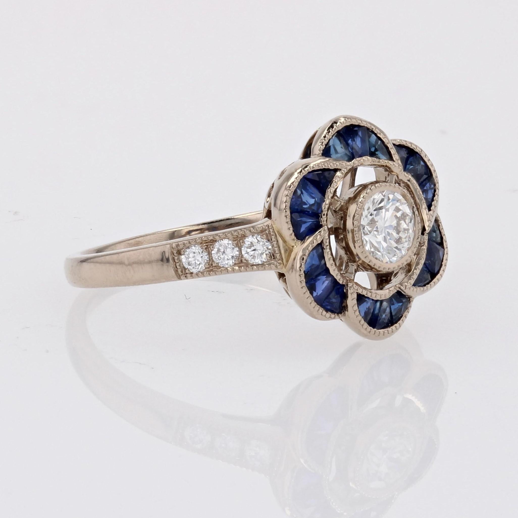 New Art Deco Style Calibrated Sapphires Diamonds 18 K White Gold Flower Ring For Sale 6