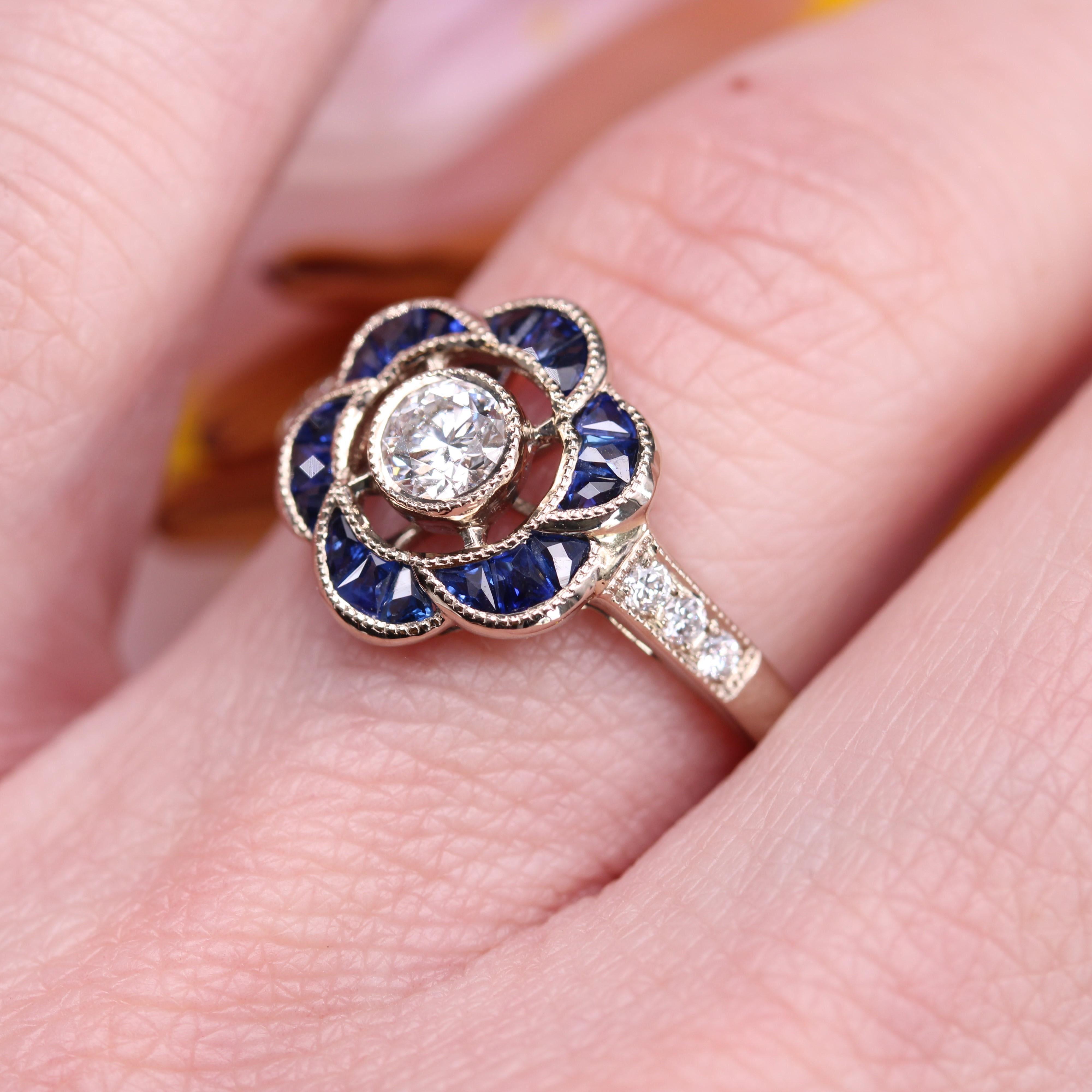 New Art Deco Style Calibrated Sapphires Diamonds 18 K White Gold Flower Ring For Sale 8