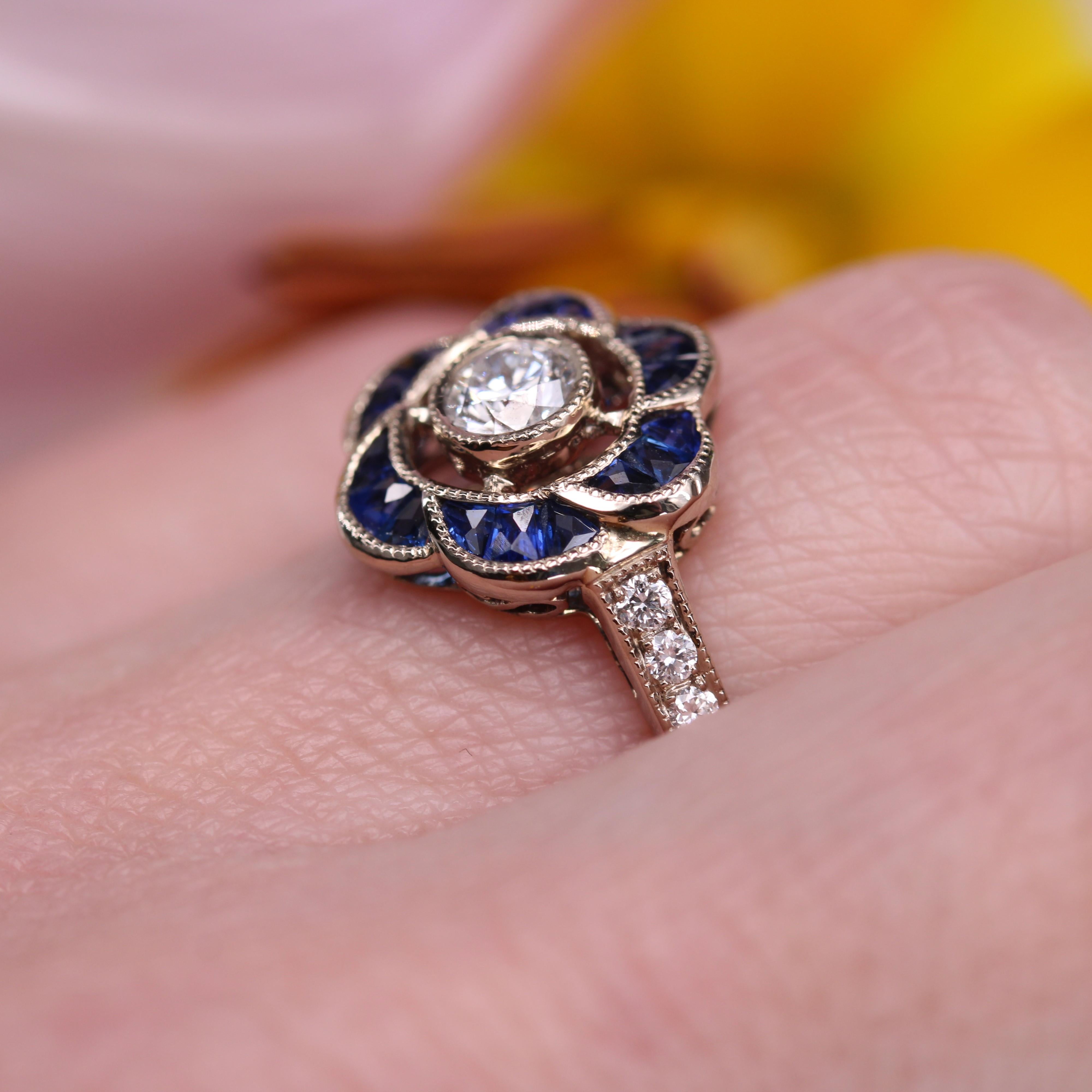 New Art Deco Style Calibrated Sapphires Diamonds 18 K White Gold Flower Ring For Sale 11