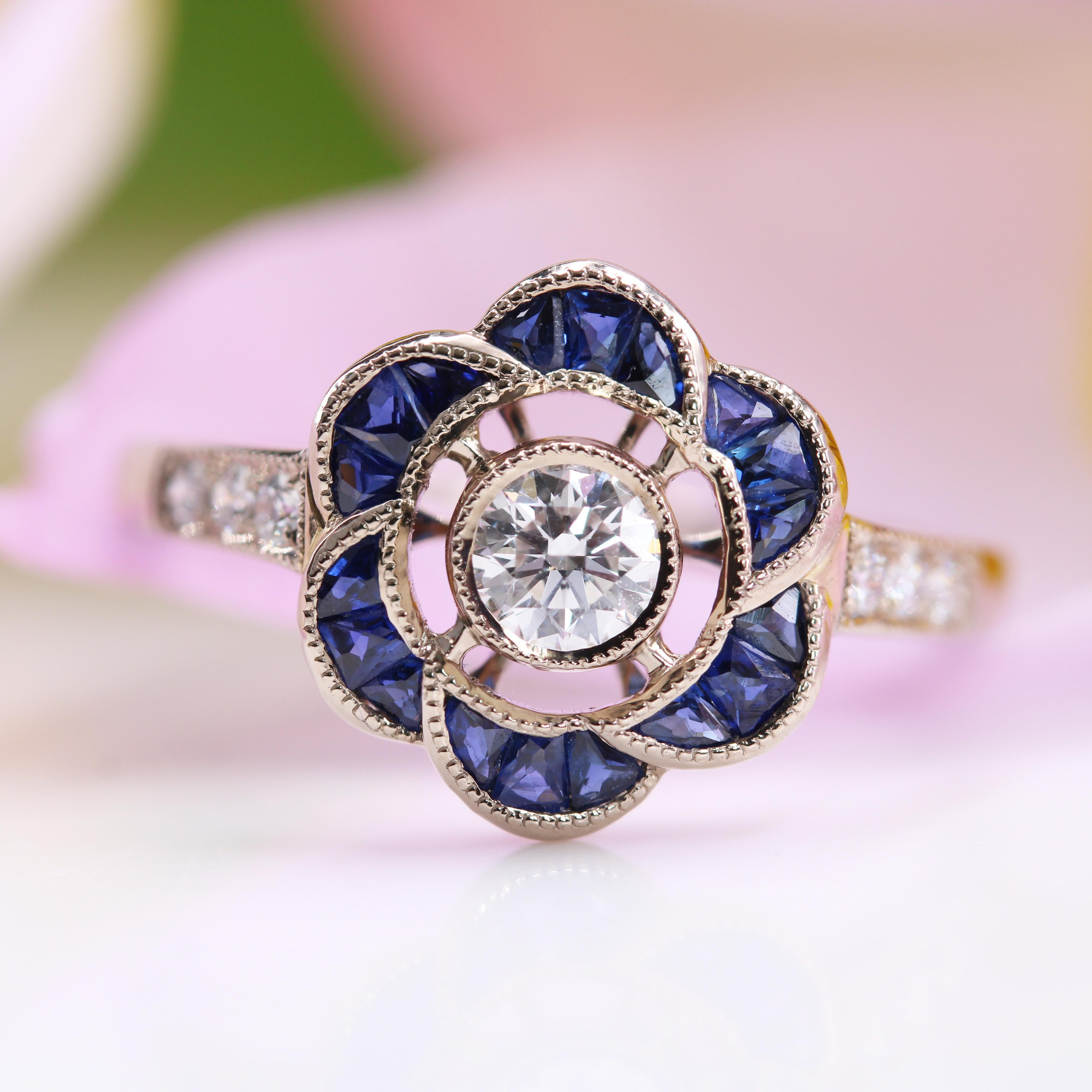 Brilliant Cut New Art Deco Style Calibrated Sapphires Diamonds 18 K White Gold Flower Ring For Sale