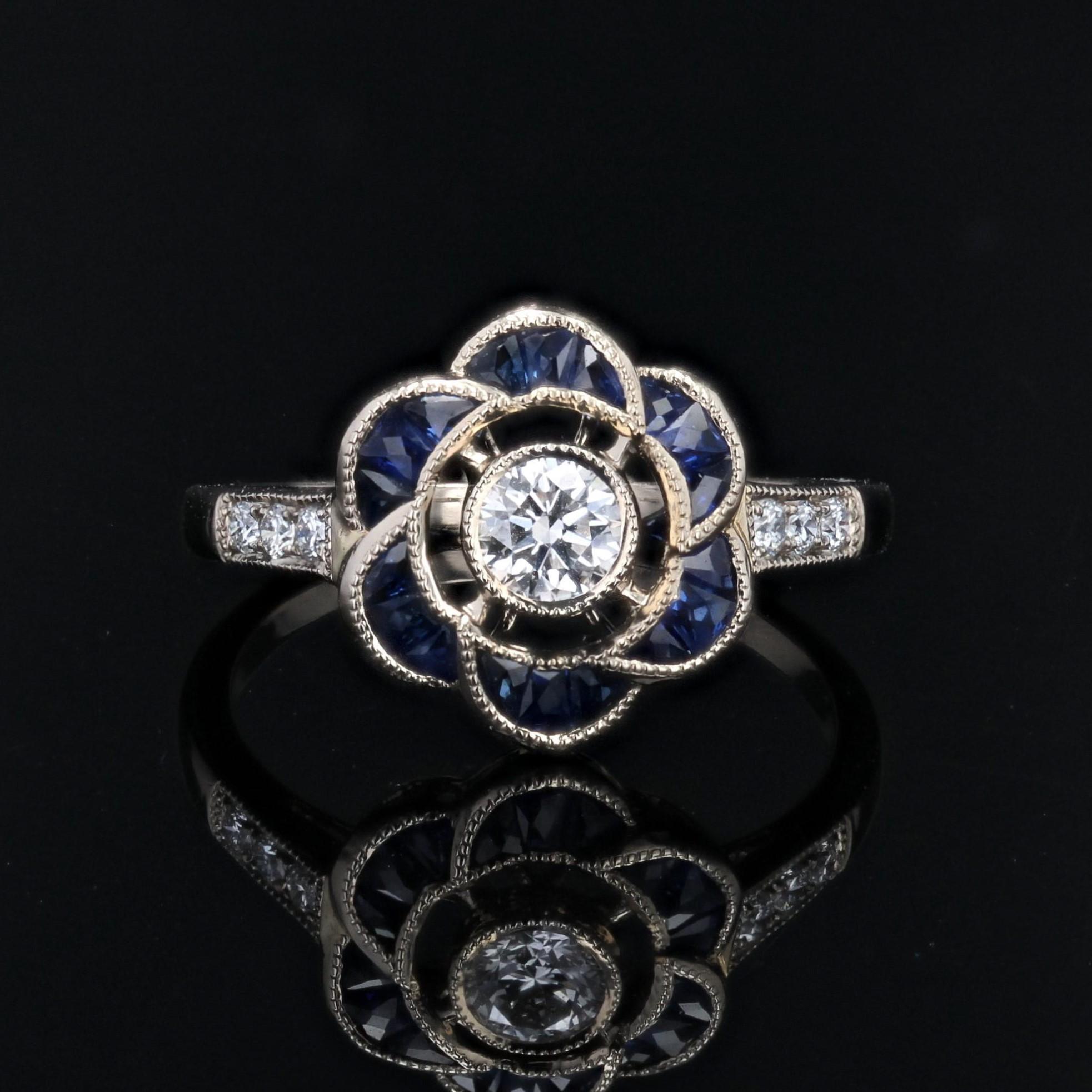 Women's New Art Deco Style Calibrated Sapphires Diamonds 18 K White Gold Flower Ring For Sale
