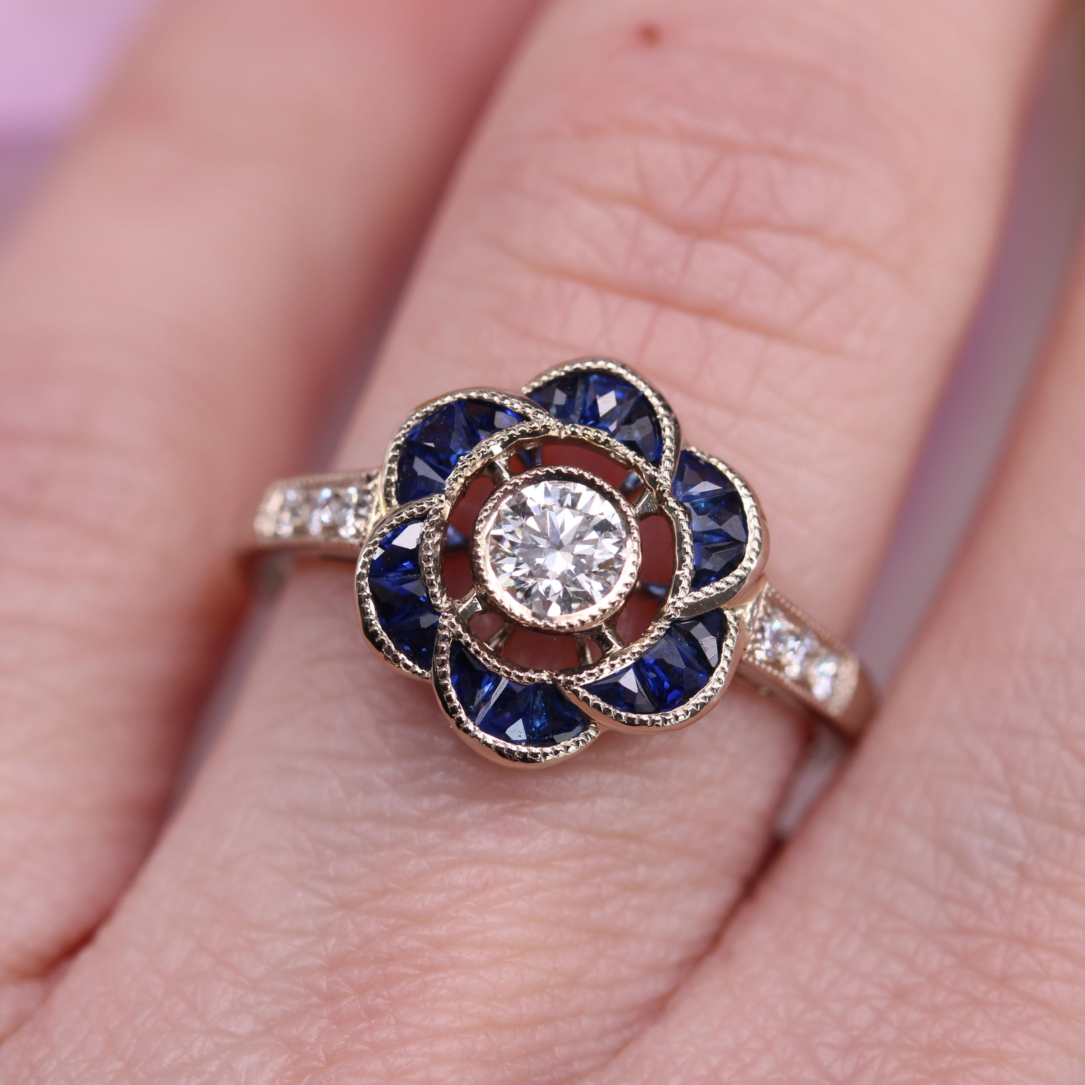 New Art Deco Style Calibrated Sapphires Diamonds 18 K White Gold Flower Ring For Sale 1