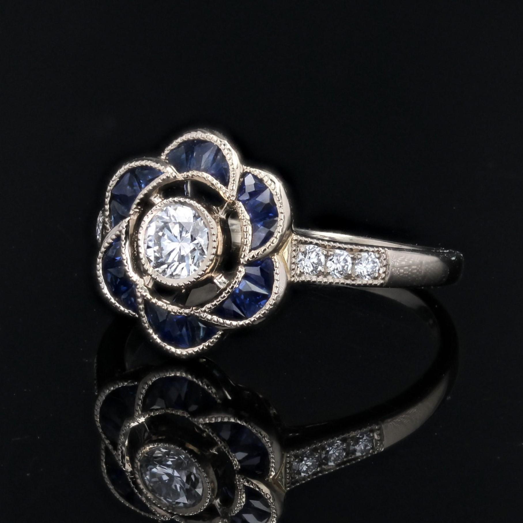 New Art Deco Style Calibrated Sapphires Diamonds 18 K White Gold Flower Ring For Sale 2