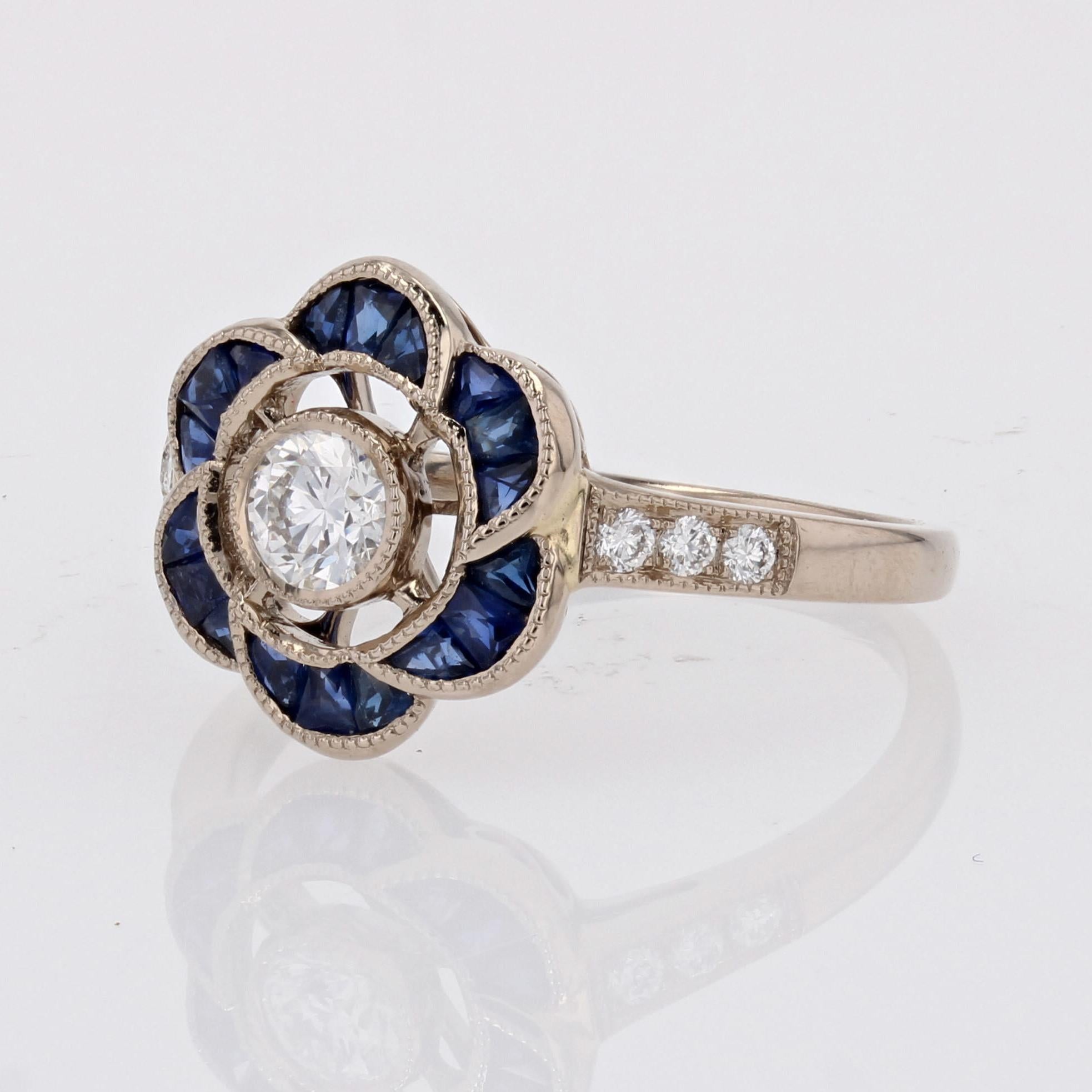 New Art Deco Style Calibrated Sapphires Diamonds 18 K White Gold Flower Ring For Sale 3