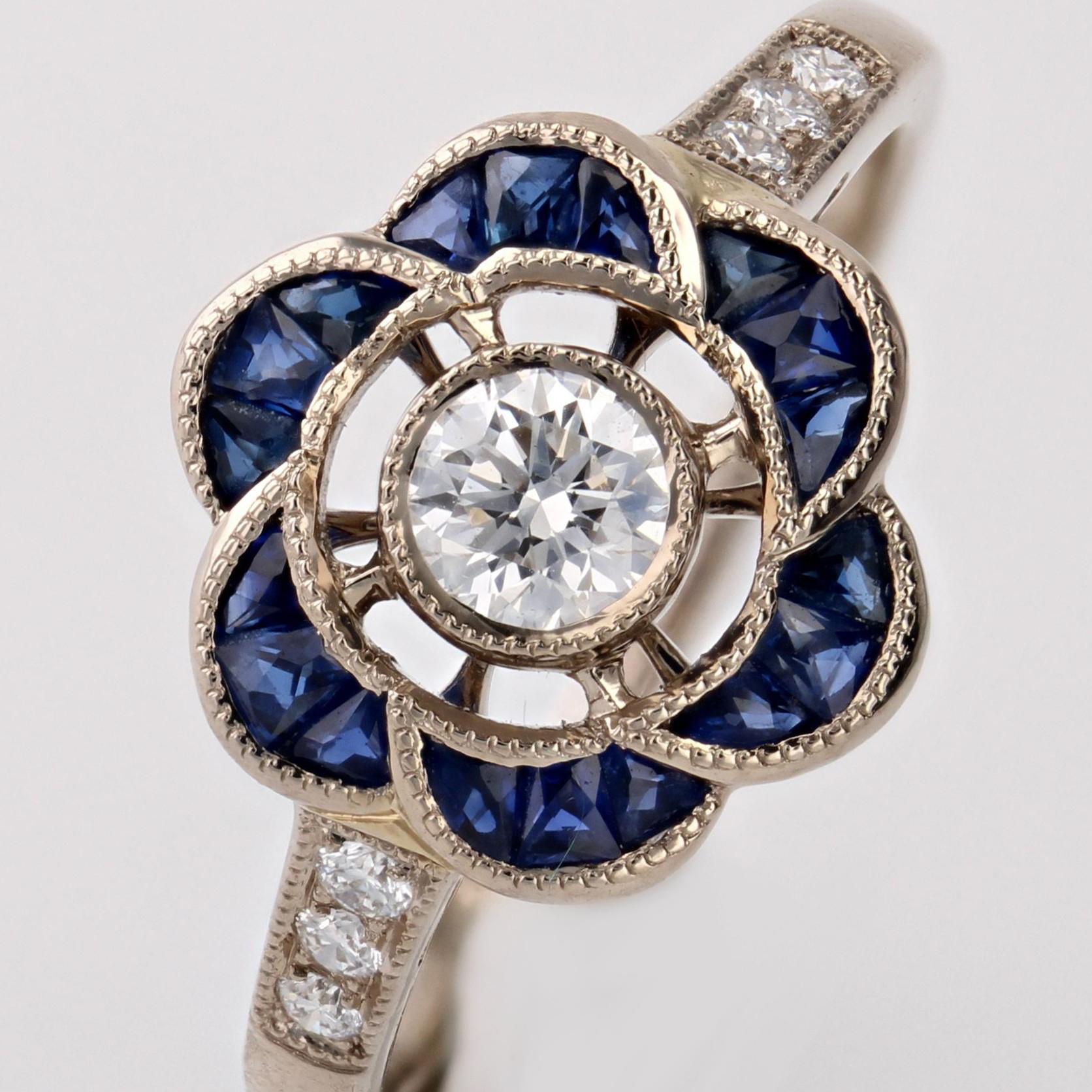 New Art Deco Style Calibrated Sapphires Diamonds 18 K White Gold Flower Ring For Sale 4