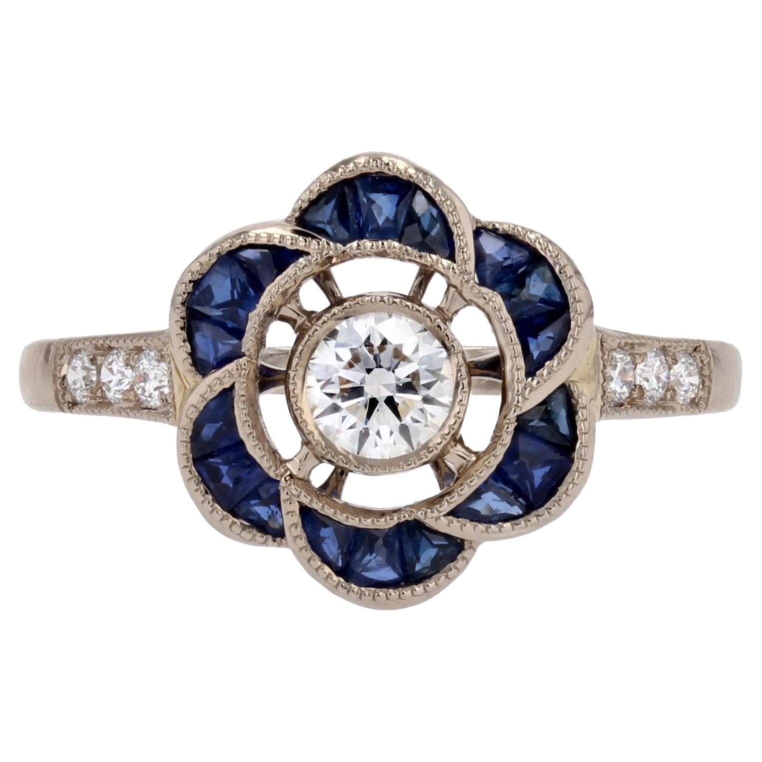 New Art Deco Style Calibrated Sapphires Diamonds 18 K White Gold Flower Ring For Sale