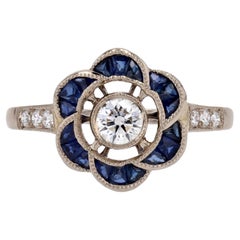 New Art Deco Style Calibrated Sapphires Diamonds 18 K White Gold Flower Ring