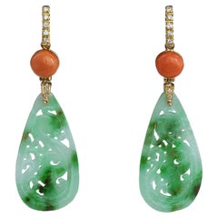 New Art Deco Style Coral Engraved Jade Diamonds 18 K Yellow Gold Dangle Earrings