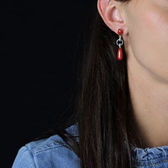 New Art Deco Style Coral Onyx Diamonds 18 K White Gold Dangle Earrings