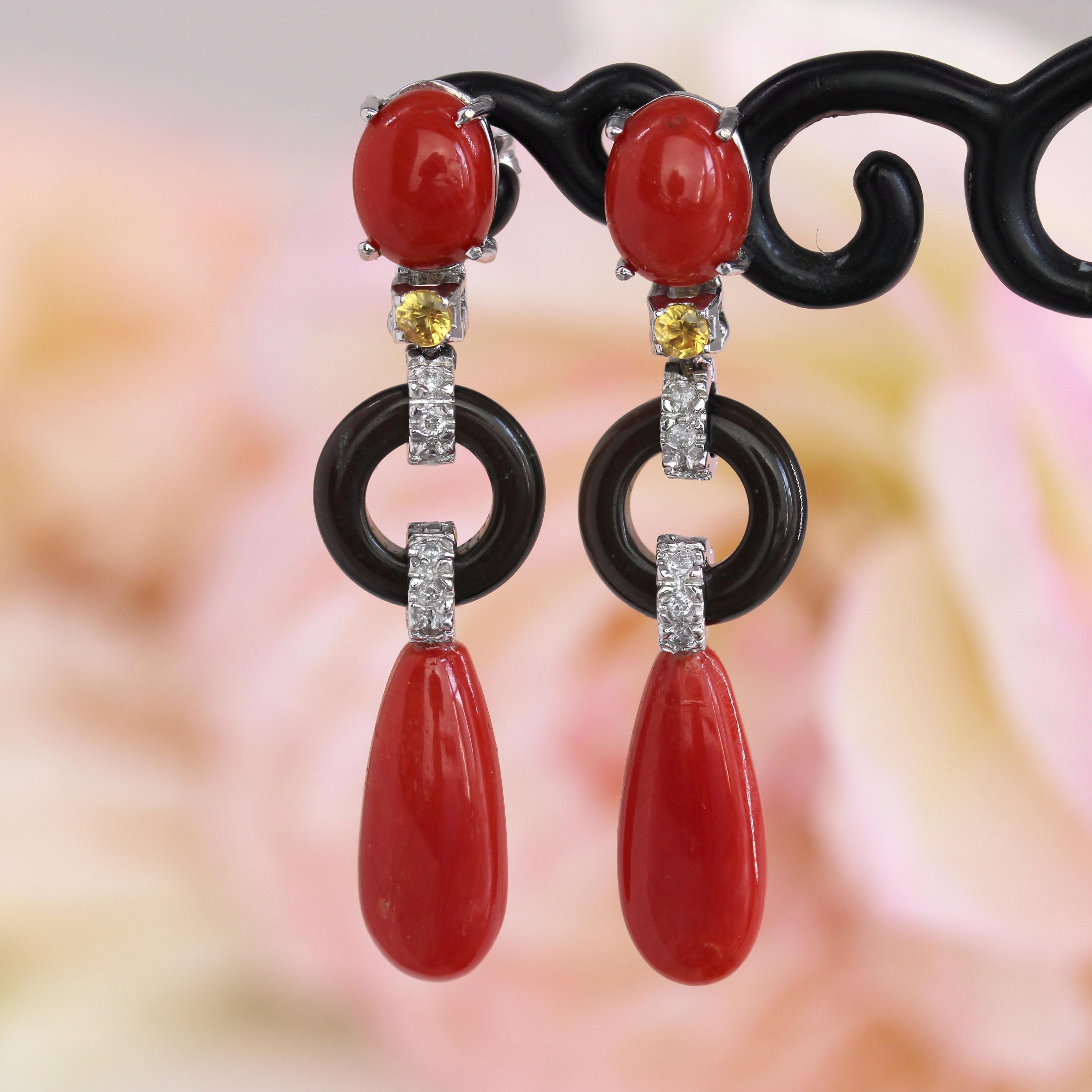 Nuevos Pendientes Colgantes de Oro Blanco de 18 K Estilo Art Decó Coral Ónice Diamantes Corte brillante en venta