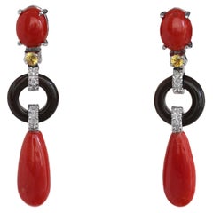 New Art Deco Style Coral Onyx Diamonds 18 K White Gold Dangle Earrings