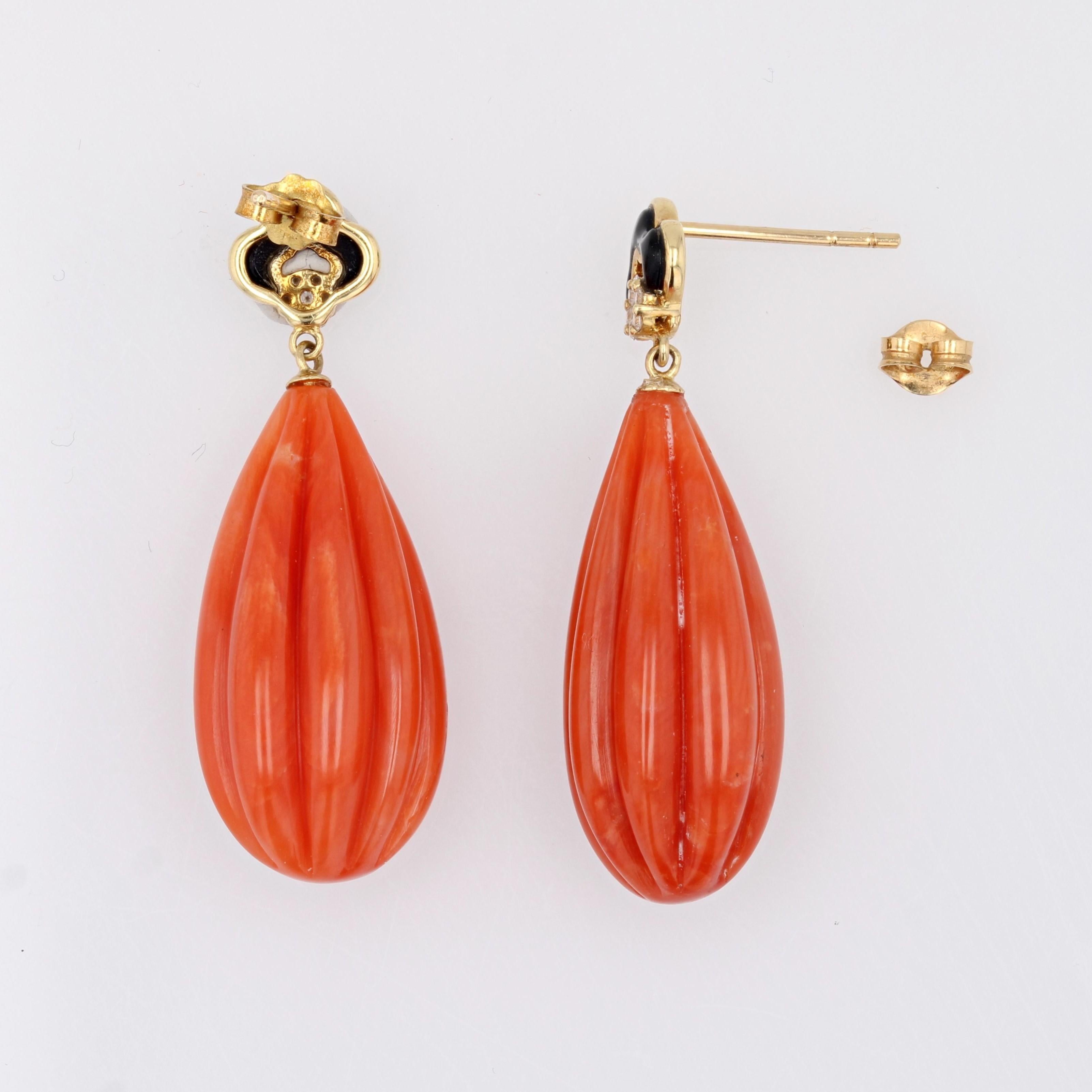 New Art Deco Style Coral Onyx Diamonds 18 Karat Yellow Gold Dangle Earrings For Sale 5